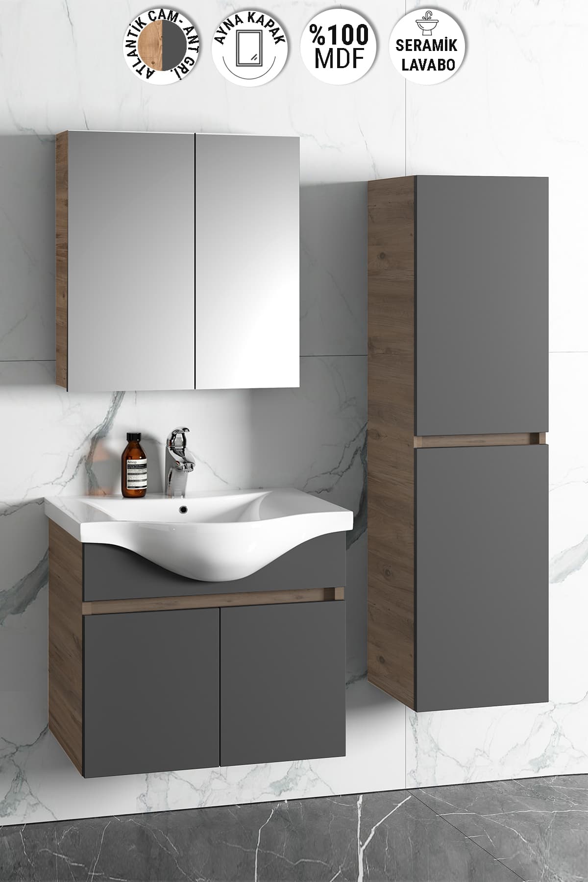 Yıldız 65+35 cm Atlantik Çam-Antrasit Gri Mat MDF Seramik Lavabolu Asma Banyo Dolabı Takımı