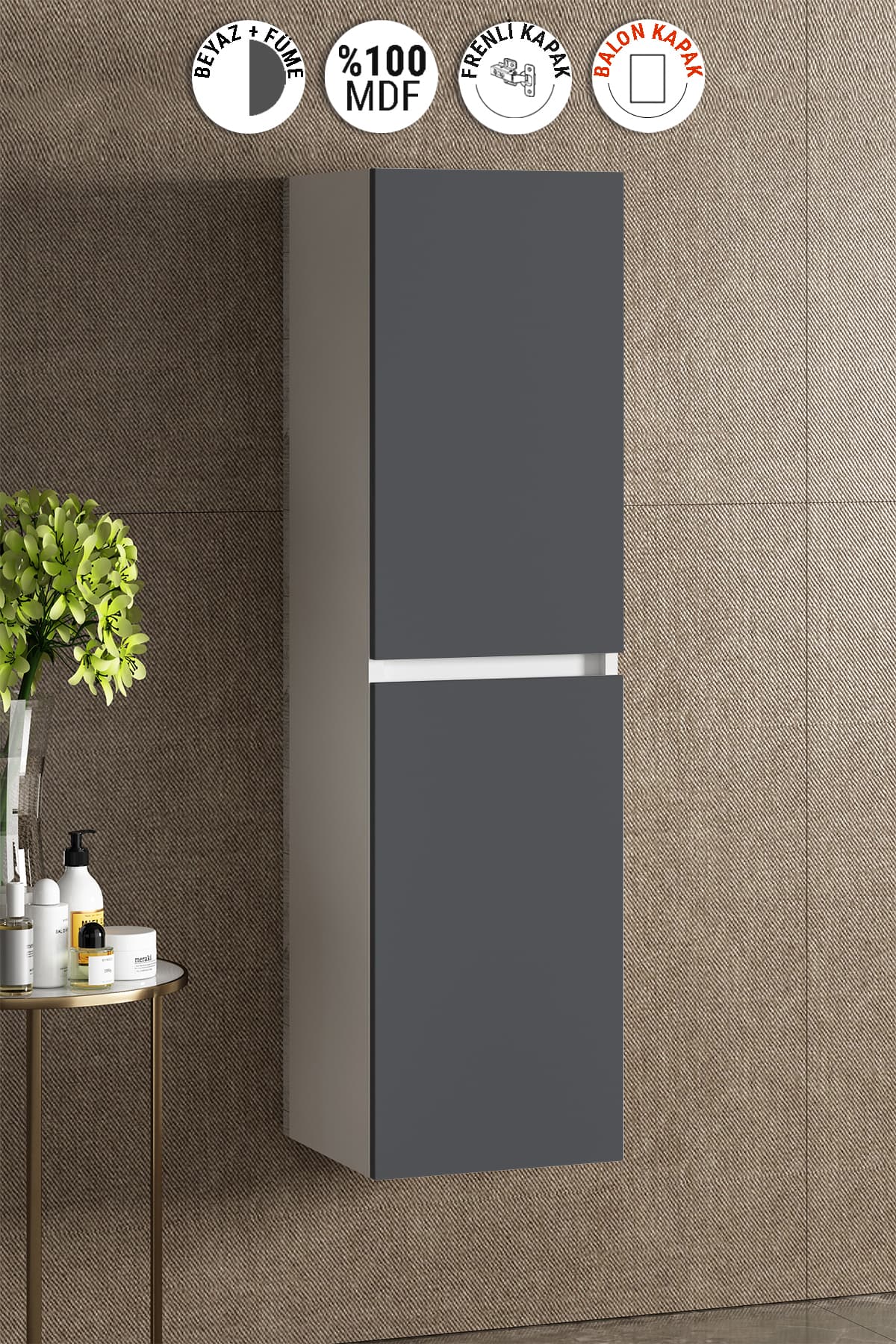 Yıldız 35*130 cm Beyaz-Füme Balon MDF Asma Banyo Boy Dolabı