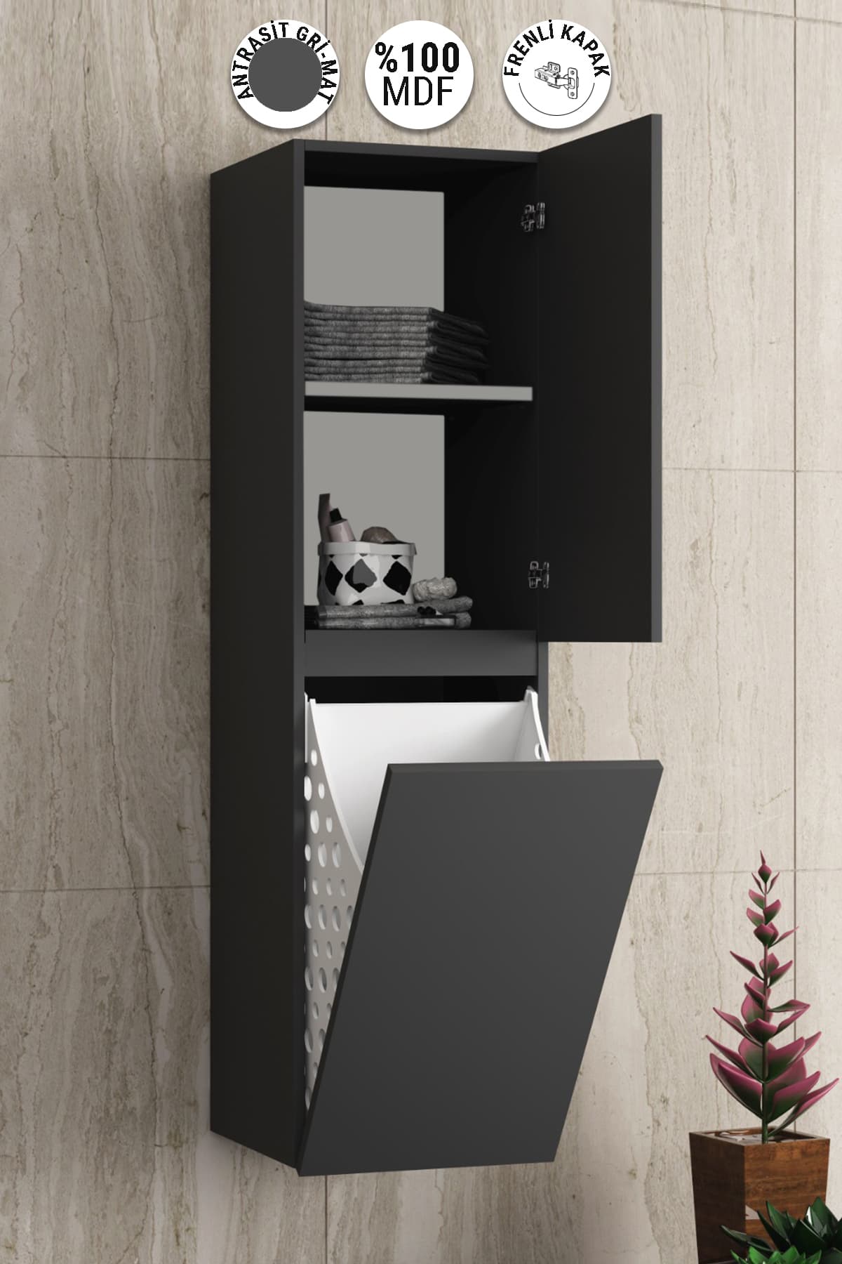 Yıldız 35*130 Cm Antrasit Gri Mat Mdf Sepetli Asma Banyo Boy Dolabı