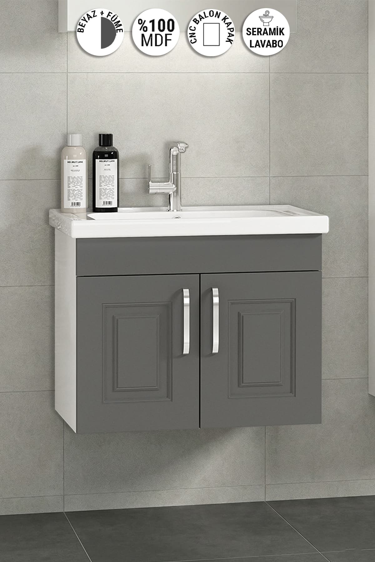 Salkım 65 cm Beyaz-Füme Balon MDF Seramik Lavabolu Asma Banyo Alt Dolabı