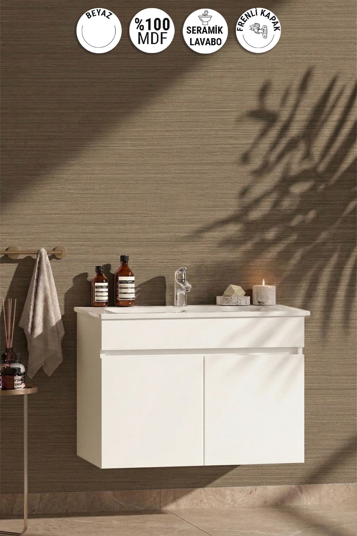 Lotus 75 cm Beyaz MDF Seramik Lavabolu Asma Banyo Alt Dolabı