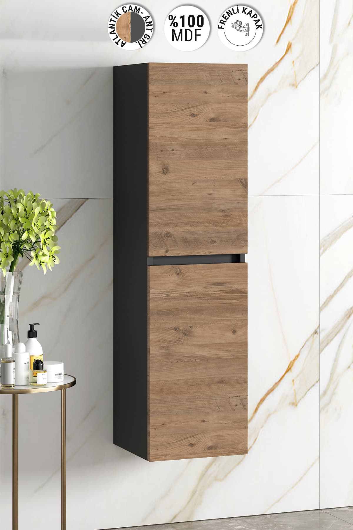 Yıldız 35x130 Cm Antrasit Gri Mat-Atlantik Çam Mdf Asma Banyo Boy Dolabı