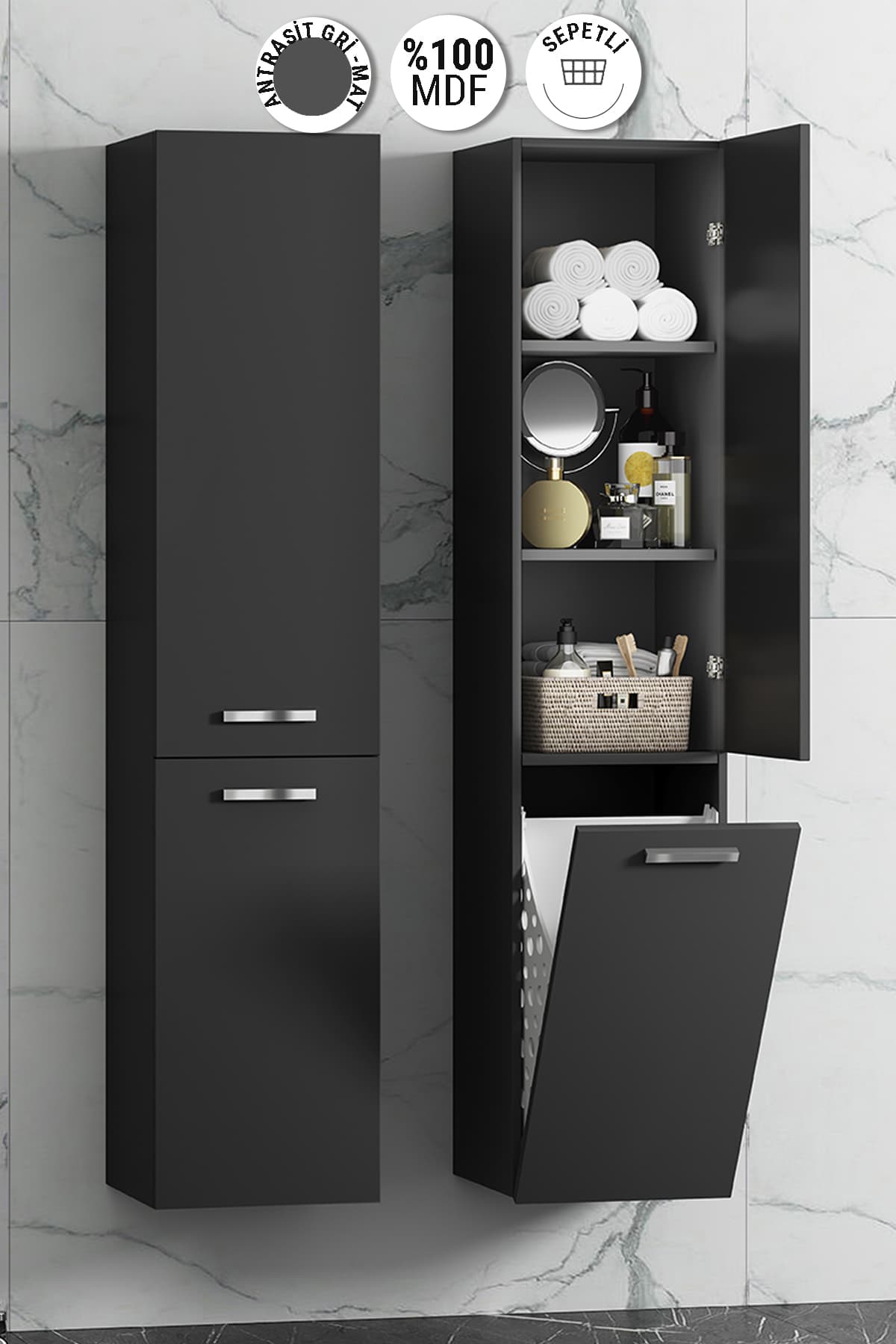 40x167 cm Üst Kapaklı MDF Komple Antrasit Gri Mat Sepetli