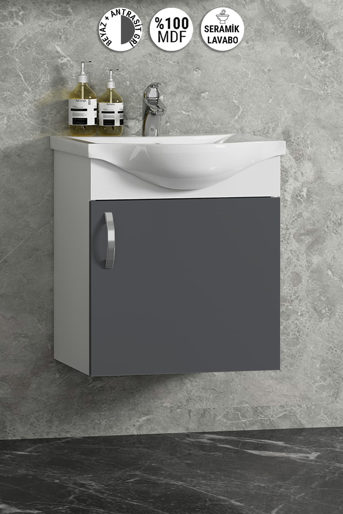 Yıldız 45 cm Beyaz-Antrasit Gri Mat MDF Seramik Lavabolu Asma Banyo Alt Dolabı