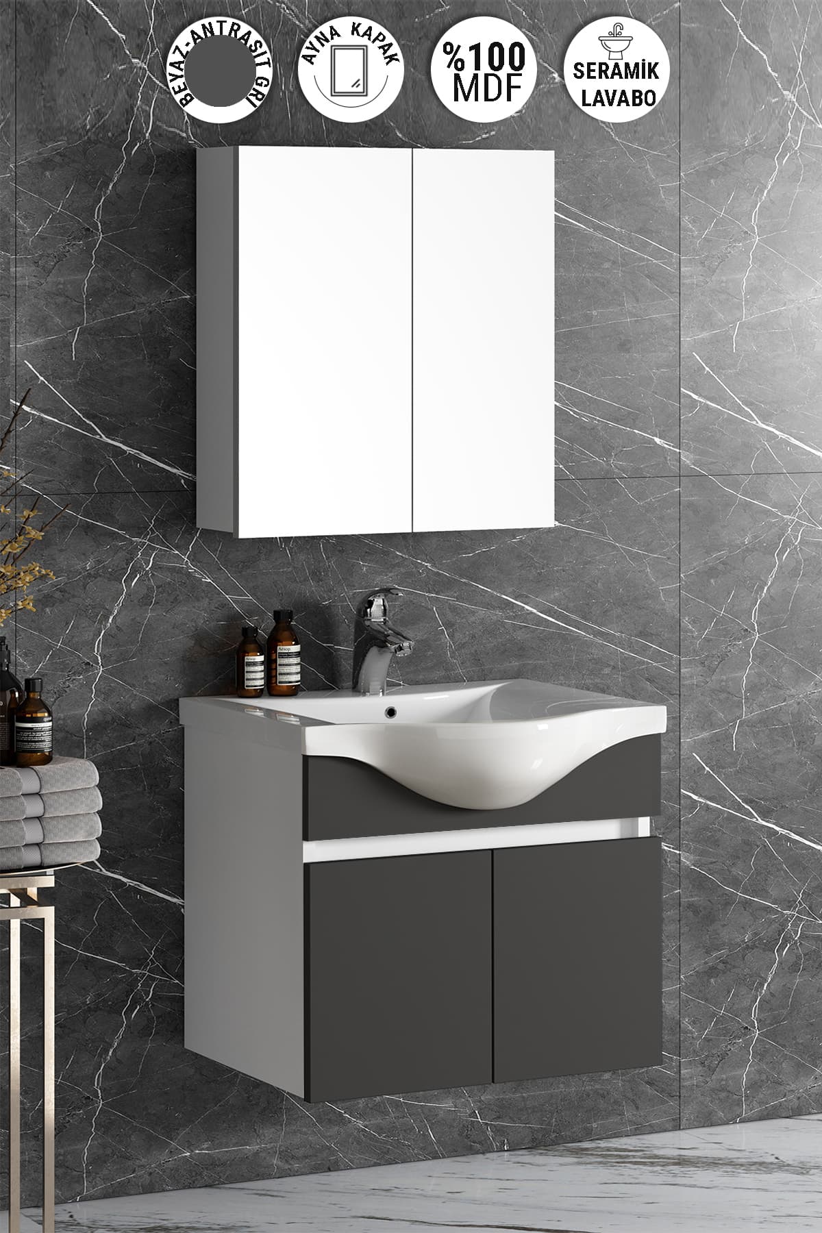 Yıldız 55 cm Beyaz-Antrasit Gri Mat MDF Seramik Lavabolu Asma Banyo Dolabı Takımı