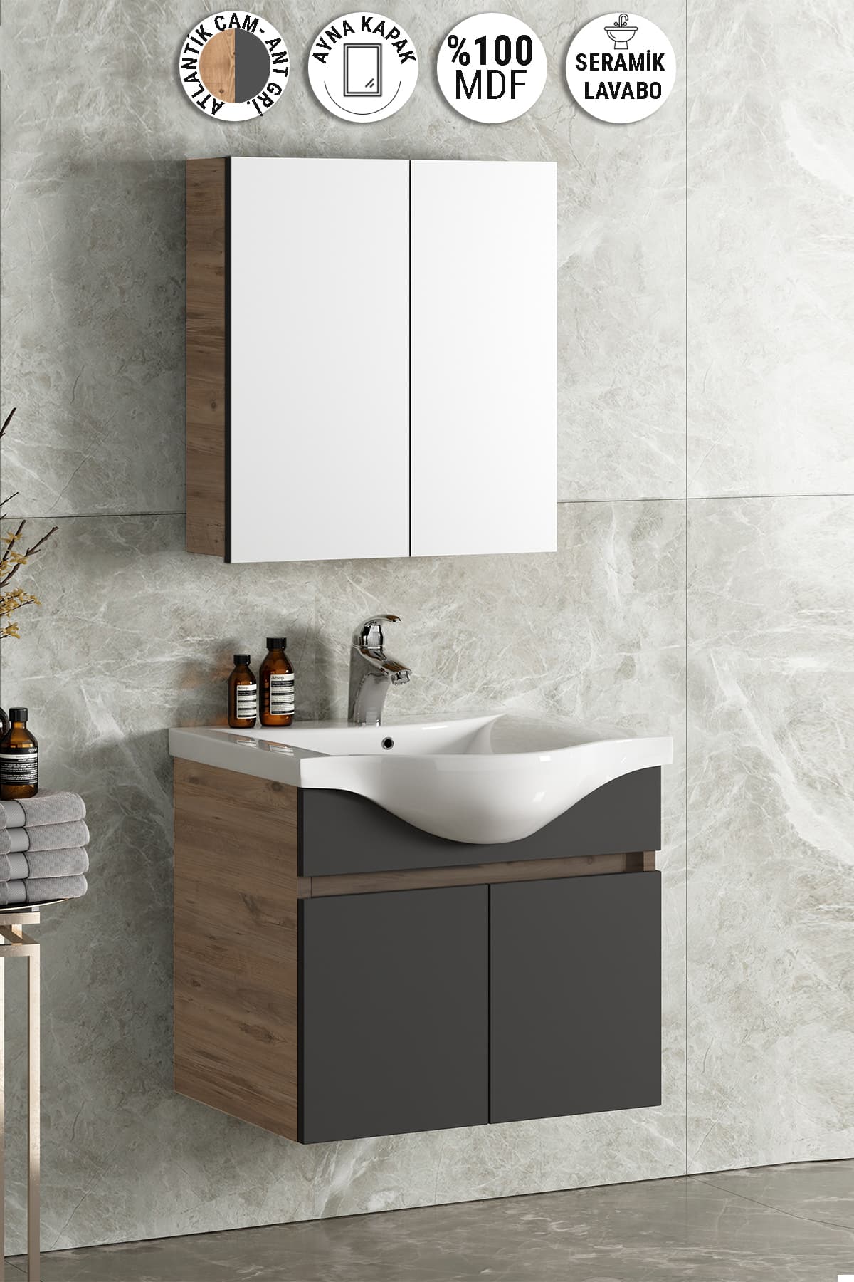 Yıldız 55 cm Atlantik Çam-Antrasit Gri Mat MDF Seramik Lavabolu Asma Banyo Dolabı Takımı