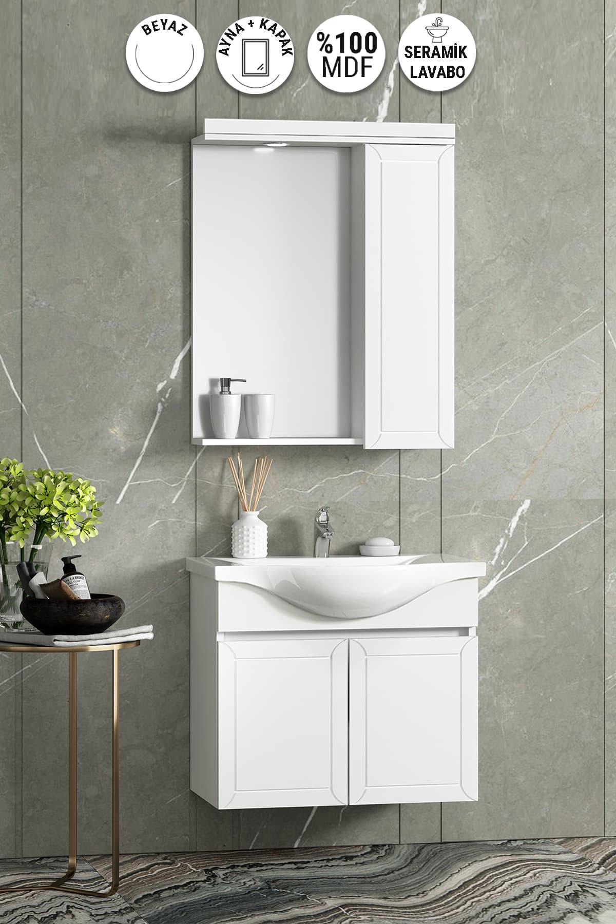 Lilyum 65 cm Beyaz MDF Pk-109 Balon Kapak Seramik Lavabolu Asma Banyo Dolabı Takımı