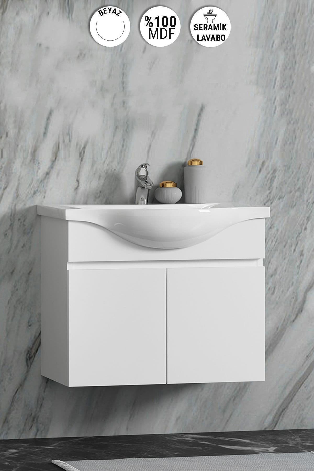 Yıldız 80 cm Beyaz MDF Seramik Lavabolu Asma Banyo Alt Dolabı