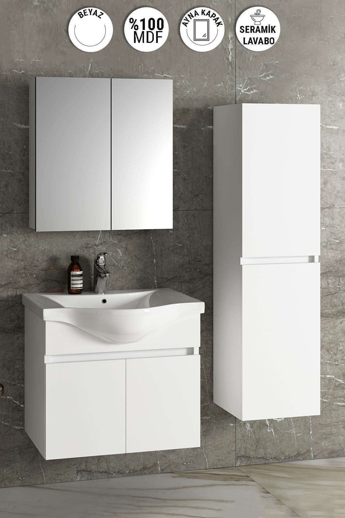 Yıldız 65+35 cm Beyaz MDF Seramik Lavabolu Asma Banyo Dolabı Takımı