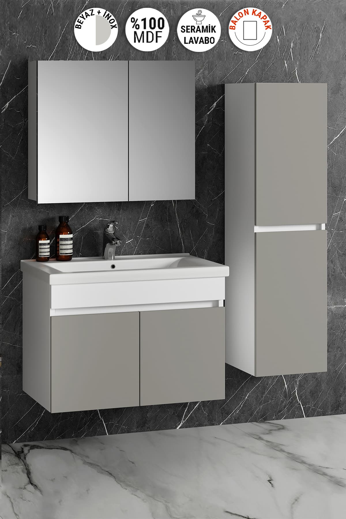 Çiğdem 80+35 cm Beyaz-İnox Balon MDF Seramik Lavabolu Asma Banyo Dolabı Takımı