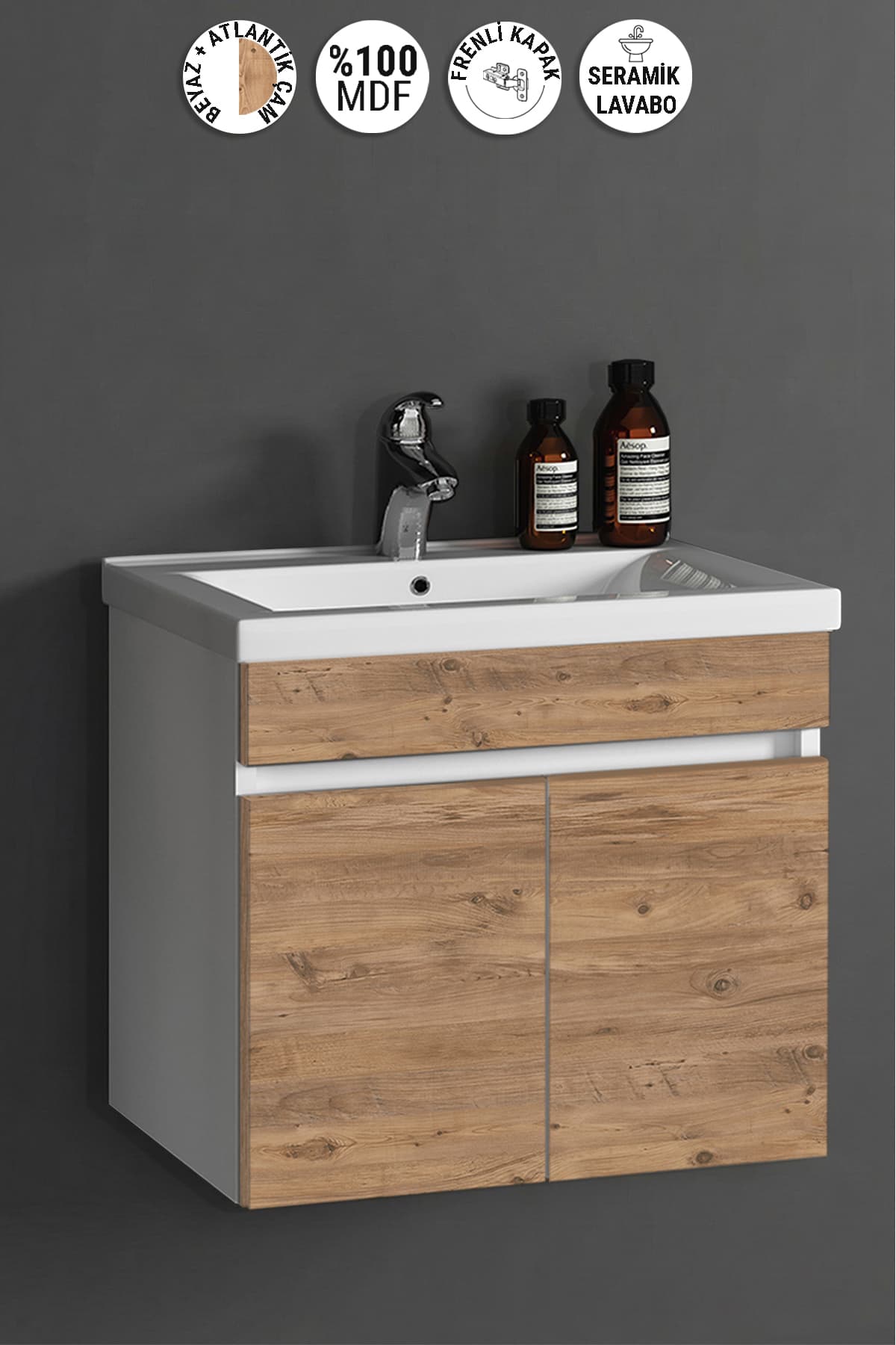 Çiğdem 65 cm Beyaz -Atlantik Çam Mdf Seramik Lavabolu Asma Banyo Alt Dolabı