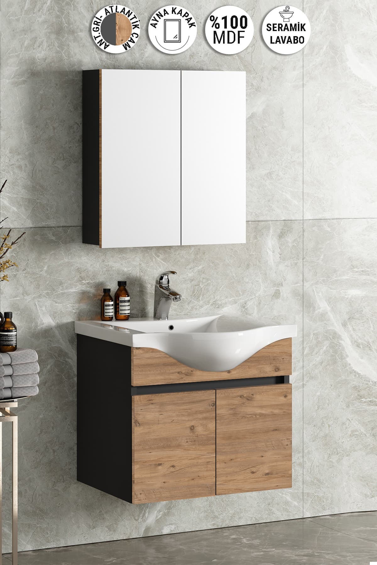Yıldız 65 cm Antrasit Gri Mat-Atlantik Çam MDF Seramik Lavabolu Asma Banyo Dolabı Takımı