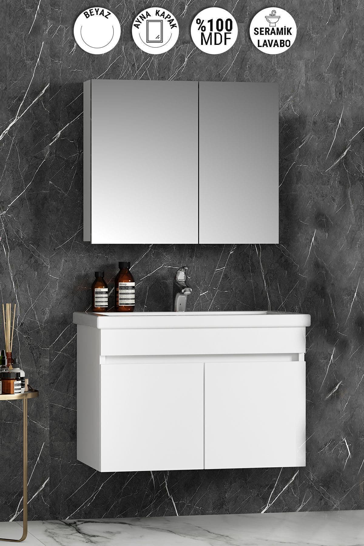 Çiğdem 80 cm Beyaz MDF Seramik Lavabolu Asma Banyo Dolabı Takımı