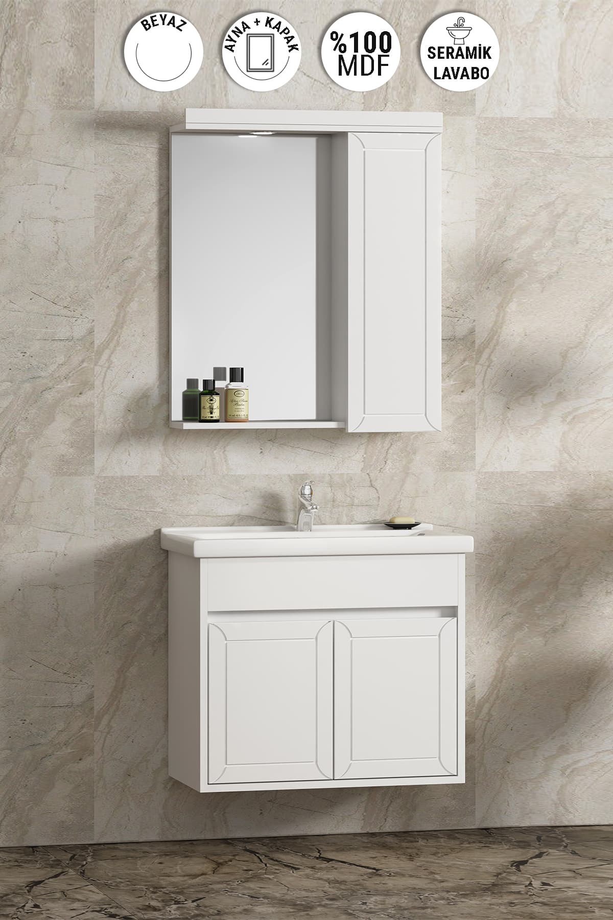 Çuha 55 cm Beyaz MDF Pk-109 Balon Kapak Seramik Lavabolu Asma Banyo Dolabı Takımı