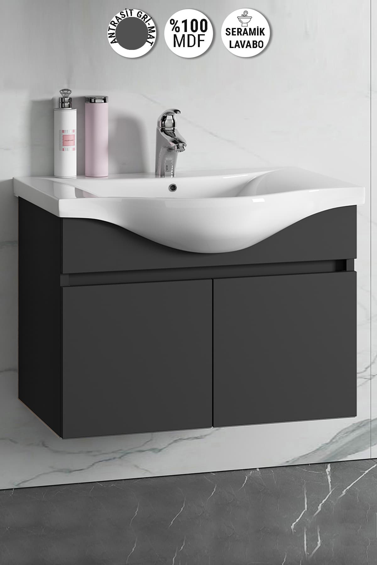 Yıldız 80 cm Antrasit Gri Mat MDF Seramik Lavabolu Asma Banyo Alt Dolabı
