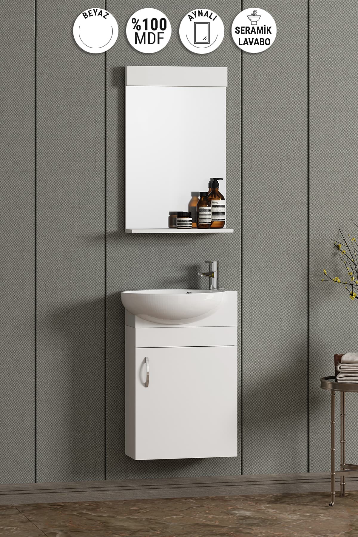 Lale 45 cm Beyaz MDF Seramik Lavabolu Asma Banyo Dolabı Takımı