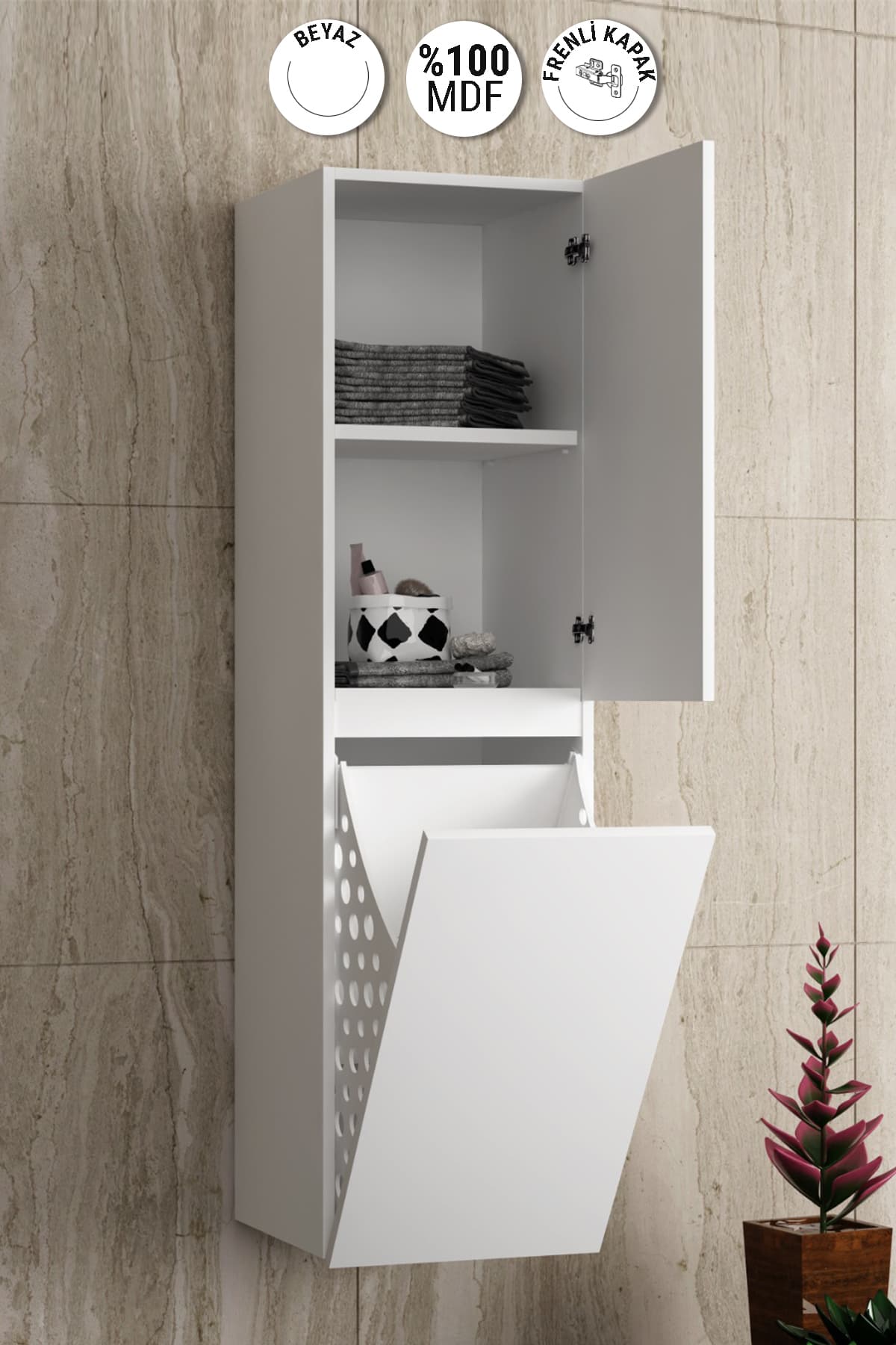 Yıldız 35x130 Cm Beyaz Mdf Sepetli Asma Banyo Boy Dolabı