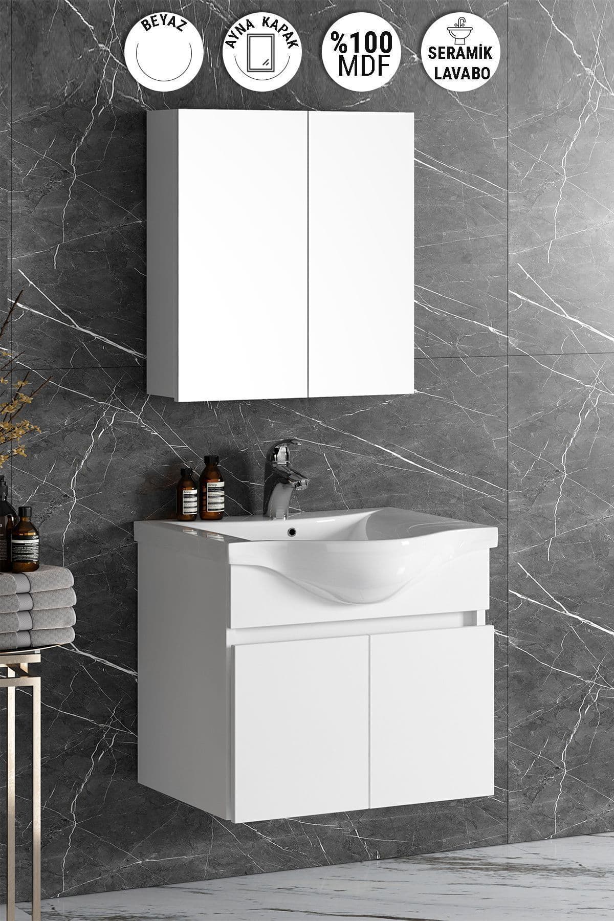 Yıldız Dıştan 65 Cm Beyaz Mdf Seramik Lavabolu Asma Banyo Dolabı Takımı