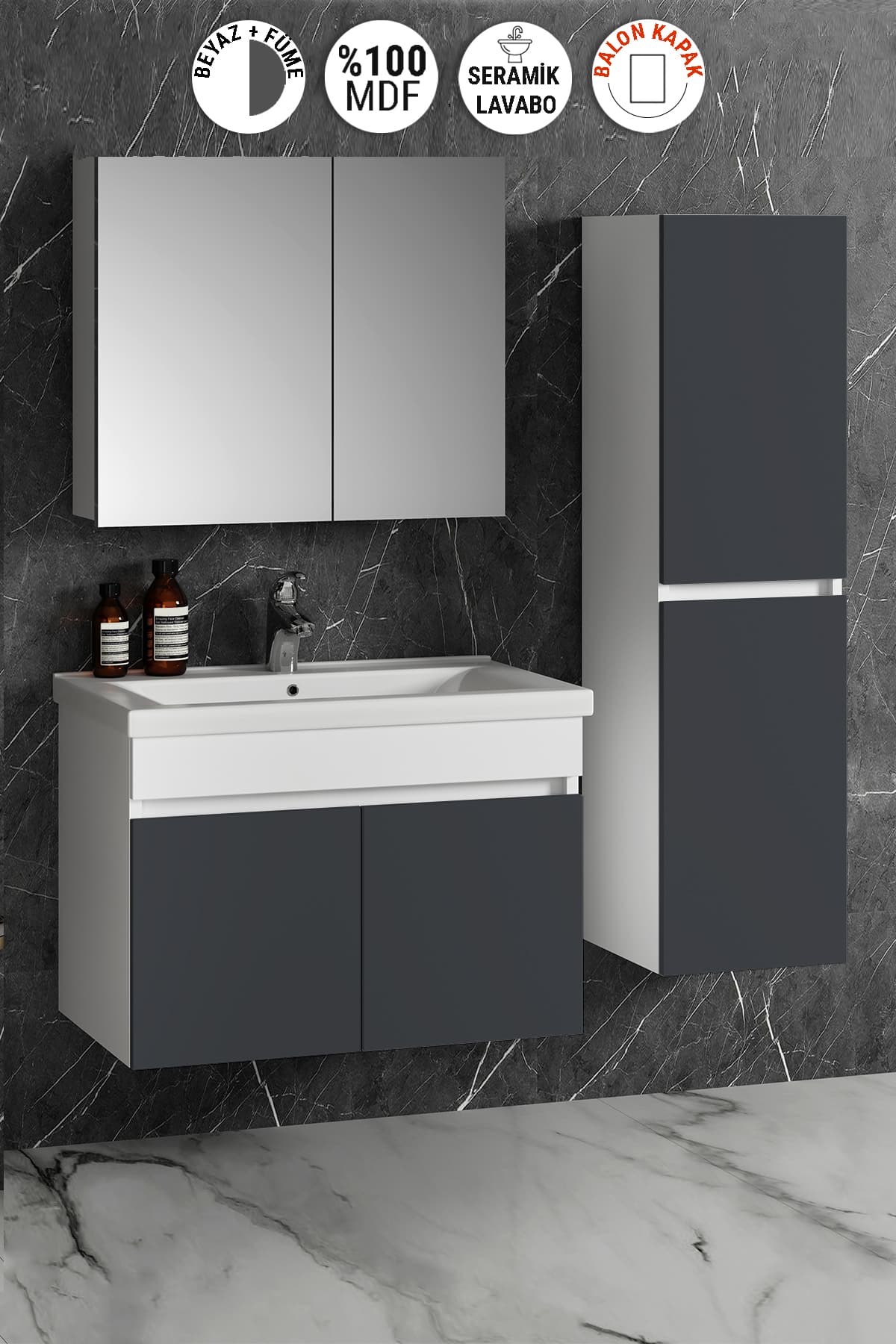 Çiğdem 80+35 cm Beyaz-Füme Balon MDF Seramik Lavabolu Sepetli Asma Banyo Dolabı Takımı
