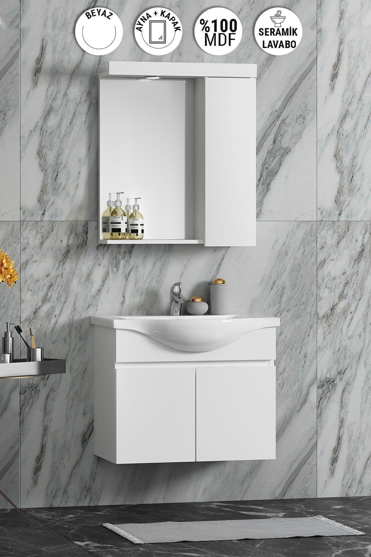Yıldız 65 Cm Beyaz Mdf Seramik Lavabolu Asma Banyo Dolabı Takımı