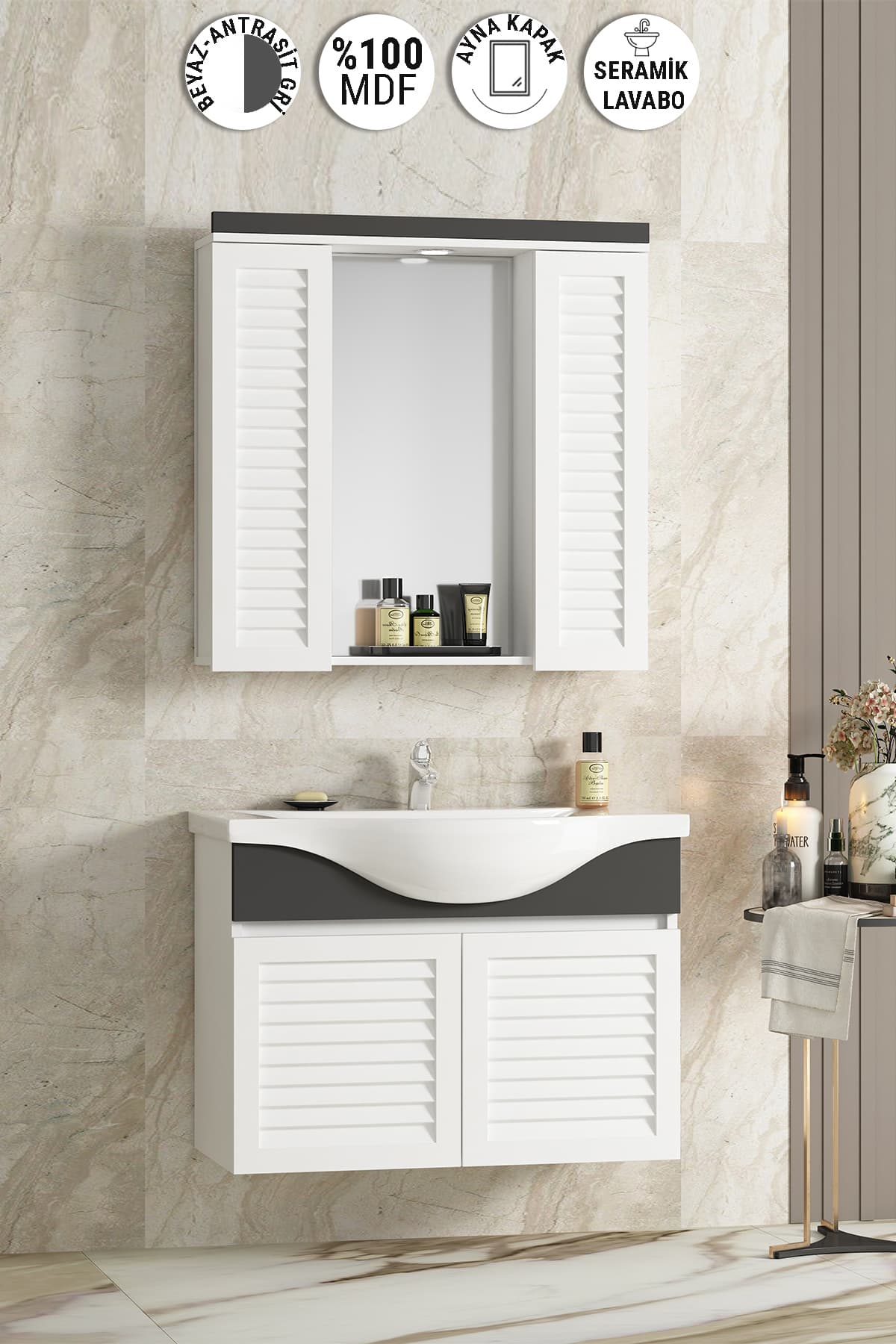 Lilyum 80 Cm Beyaz Antrasit Gri Mat Mdf Panjur Balon Kapak Seramik Lavabolu Asma Banyo Dolabı Takımı