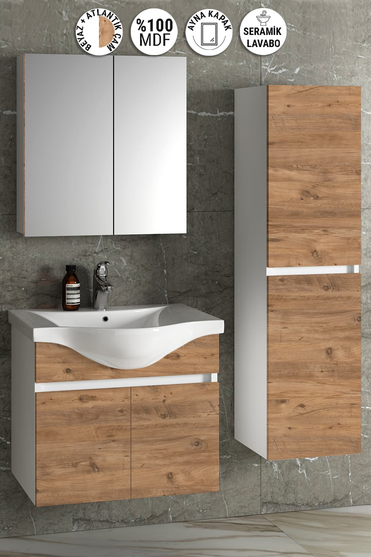 Yıldız 55+35 cm Beyaz-Atlantik Çam MDF Seramik Lavabolu Asma Banyo Dolabı Takımı
