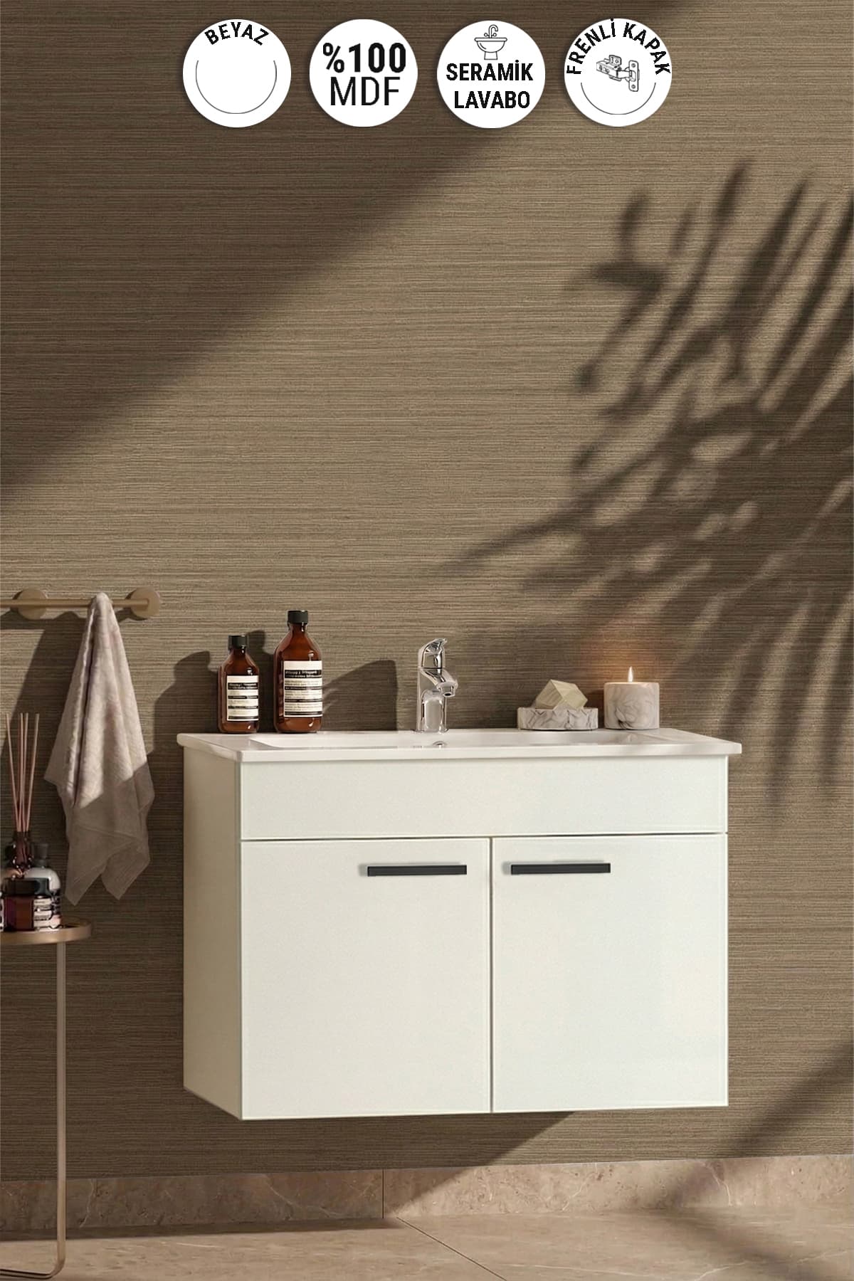 Petunya 80 cm Beyaz MDF Seramik Lavabolu Asma Banyo Alt Dolabı