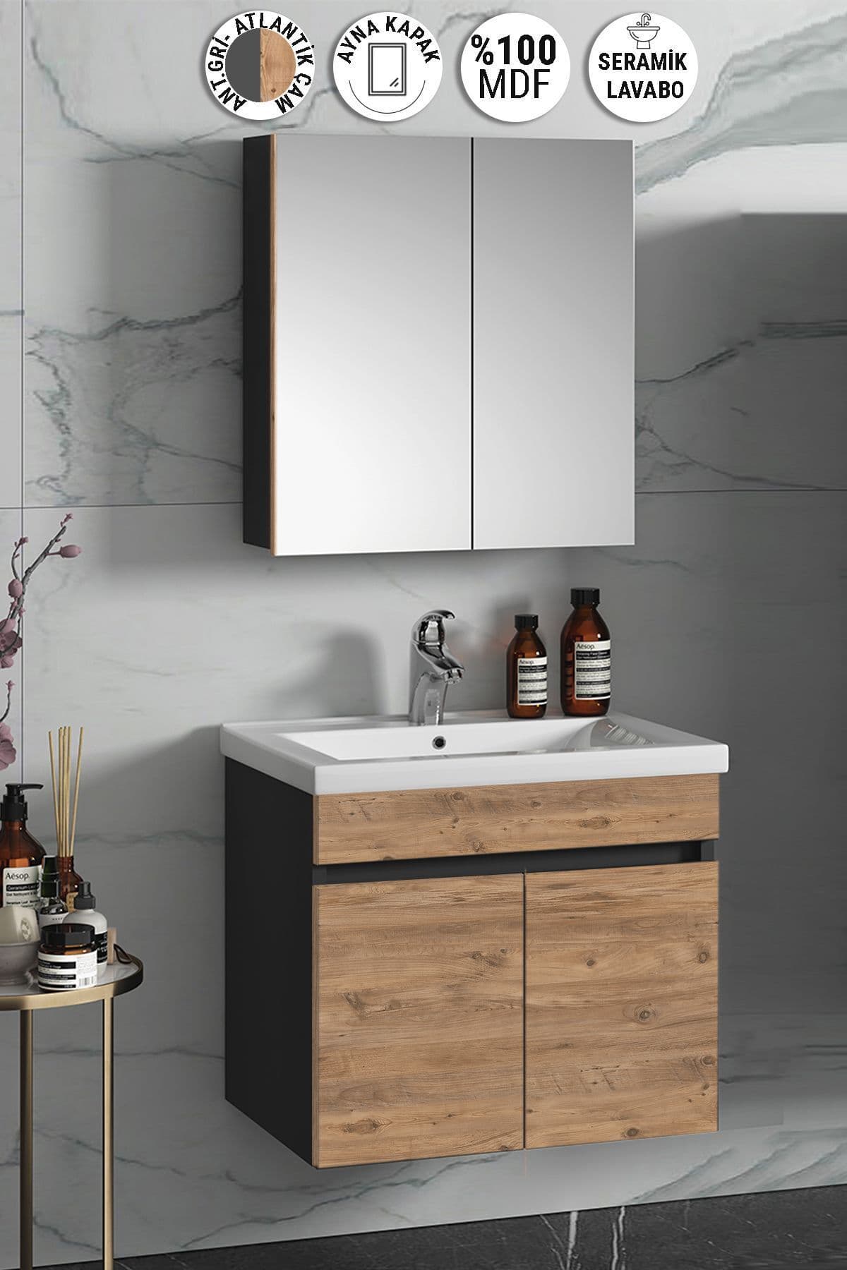 Çiğdem 65 cm Antrasit Gri Mat-Atlantik Çam MDF Seramik Lavabolu Asma Banyo Dolabı Takımı