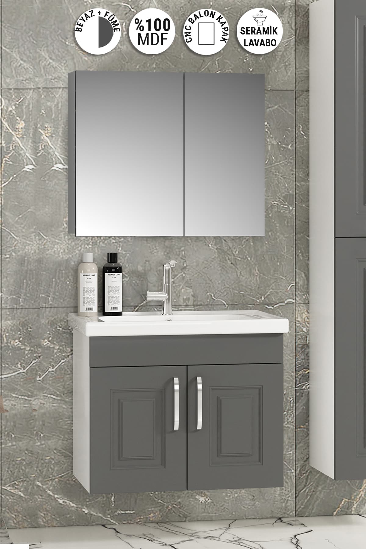 Salkım 65 cm Beyaz-Füme Balon MDF Seramik Lavabolu Asma Banyo Dolabı Takımı