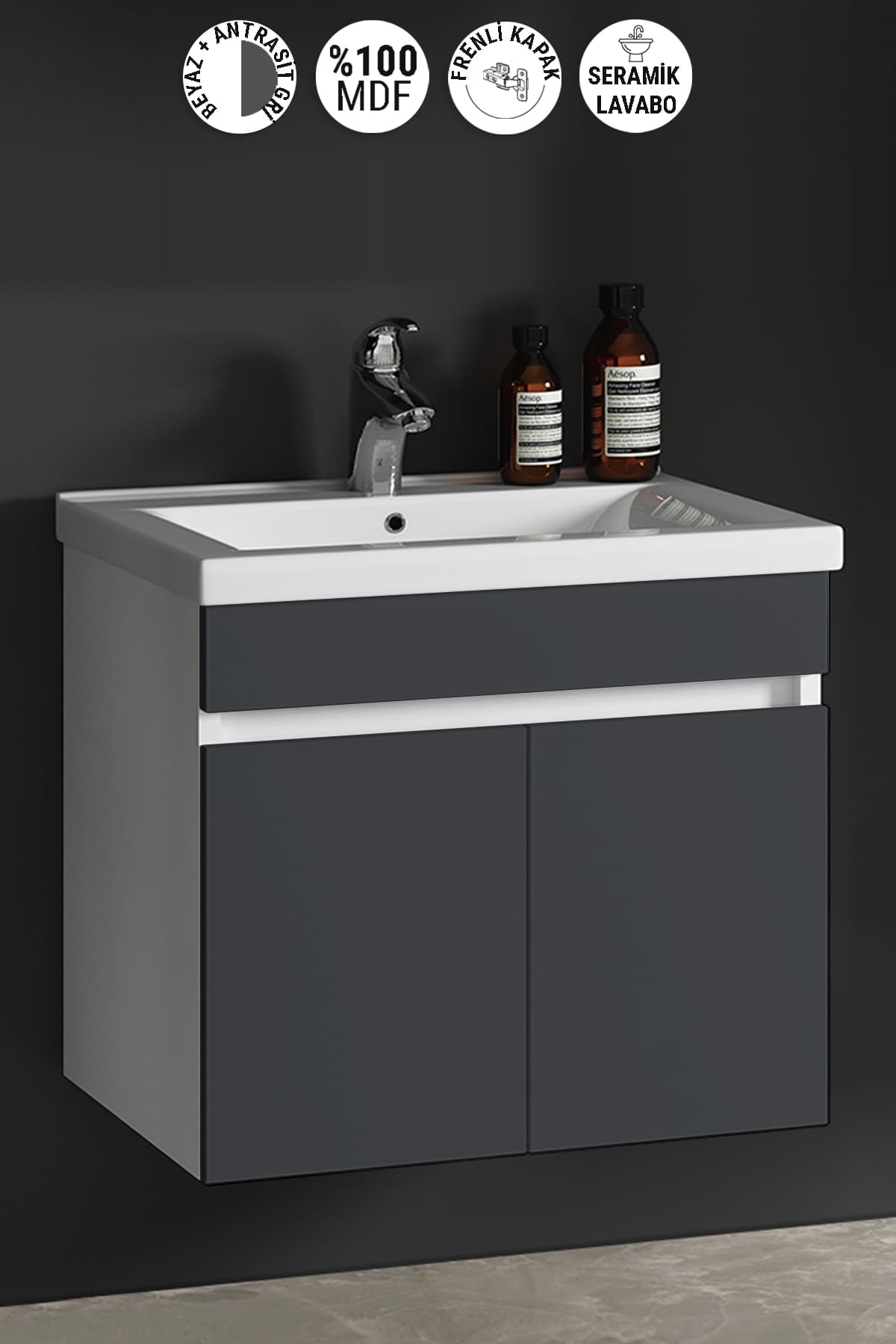 Çiğdem 65 Cm Beyaz-Antrasit Gri Mat Mdf Seramik Lavabolu Asma Banyo Alt Dolabı
