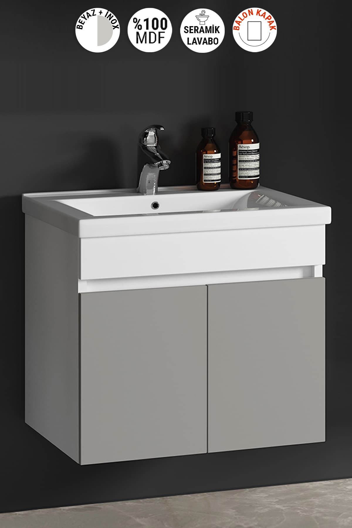 Çiğdem 80 cm Beyaz-İnox Balon MDF Seramik Lavabolu Asma Banyo Alt Dolabı