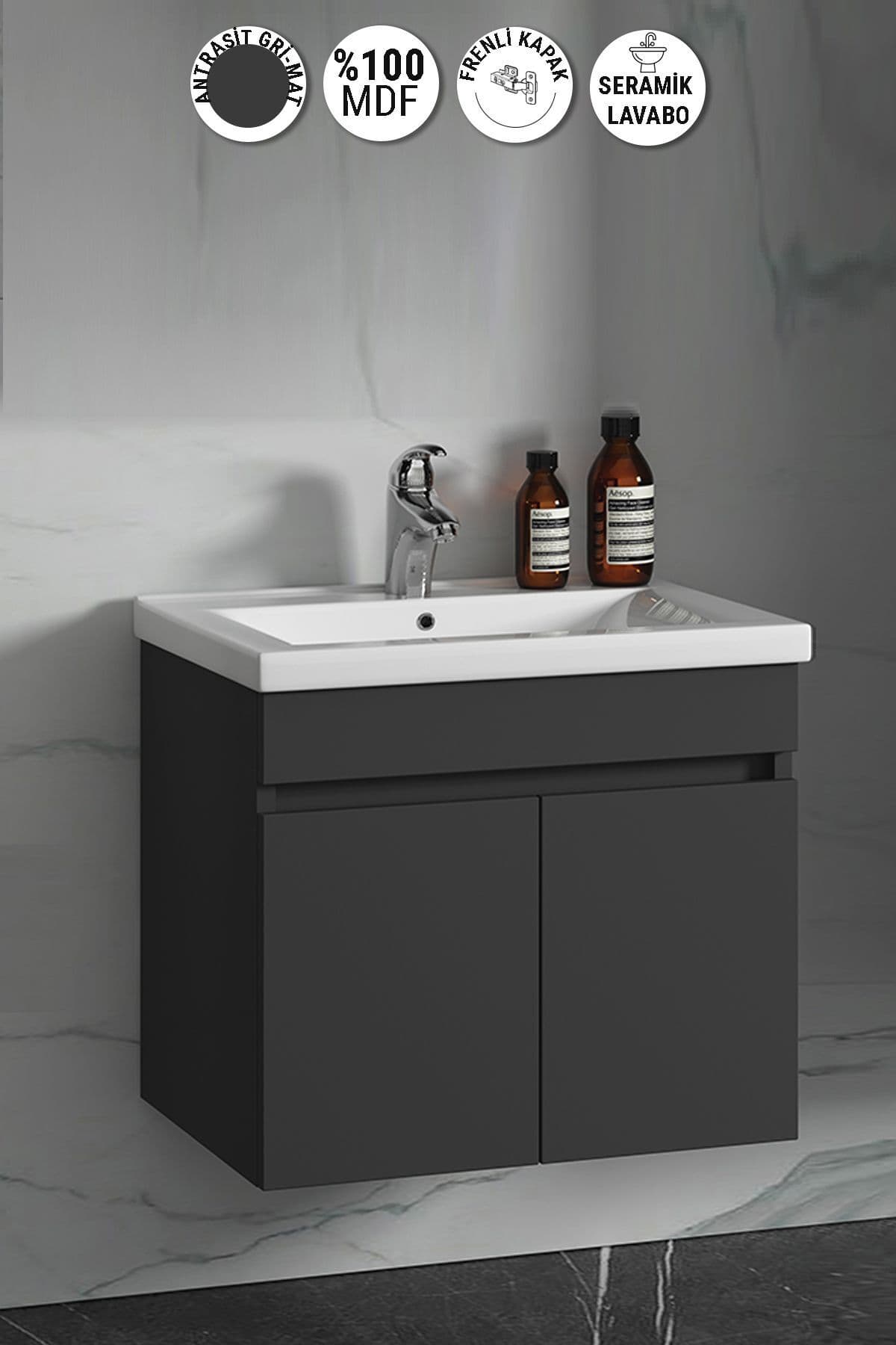 Çiğdem 65 cm Antrasit Gri Mat MDF Seramik Lavabolu Asma Banyo Alt Dolabı