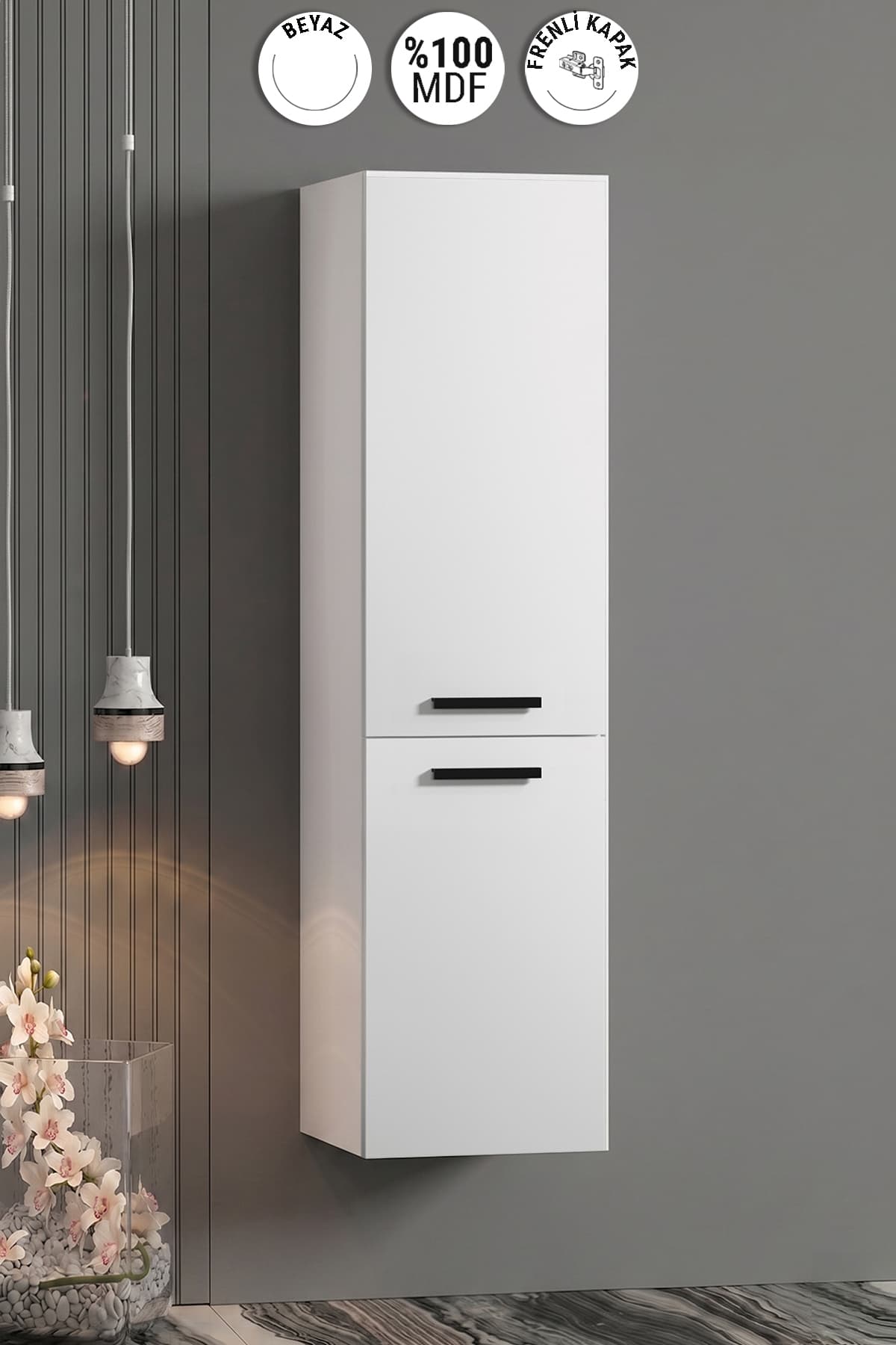 Çiğdem Kulplu 35*130 cm Beyaz MDF Asma Banyo Boy Dolabı