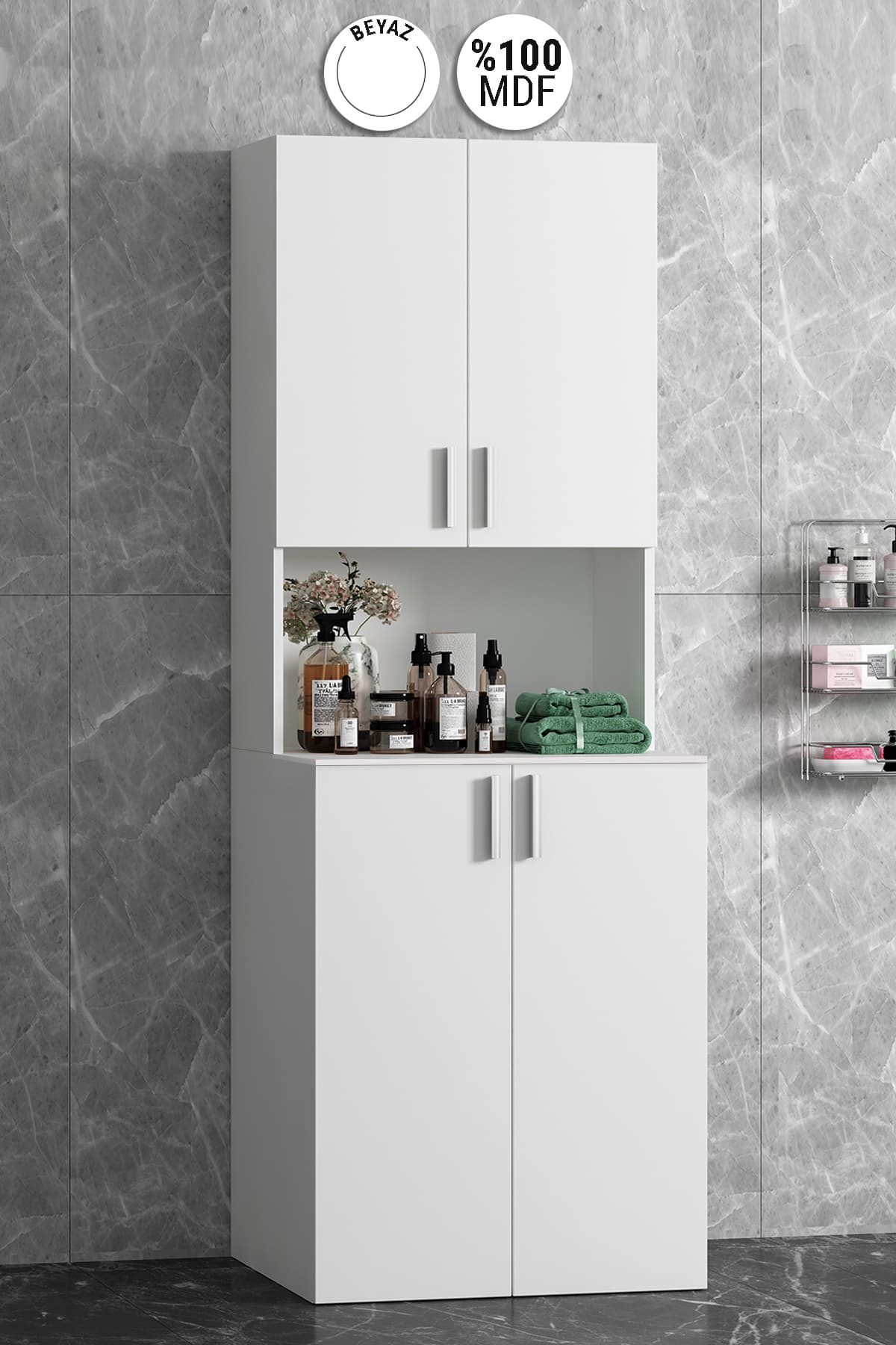 Kapaklı Çamaşır Makinesi Beyaz MDF Banyo Dolabı Takımı