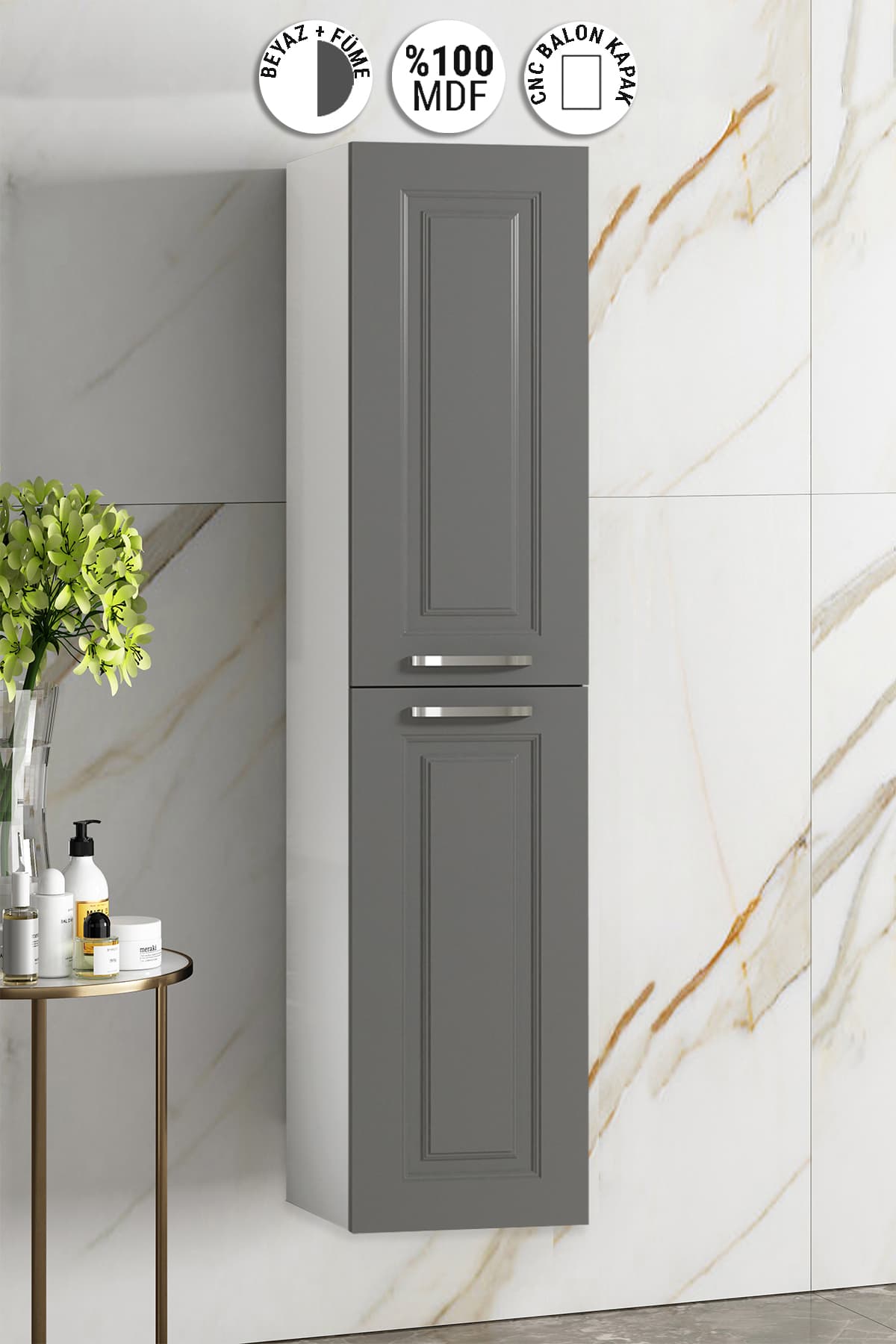 Salkım 35*167 cm Beyaz-Füme Balon MDF Asma Banyo Boy Dolabı