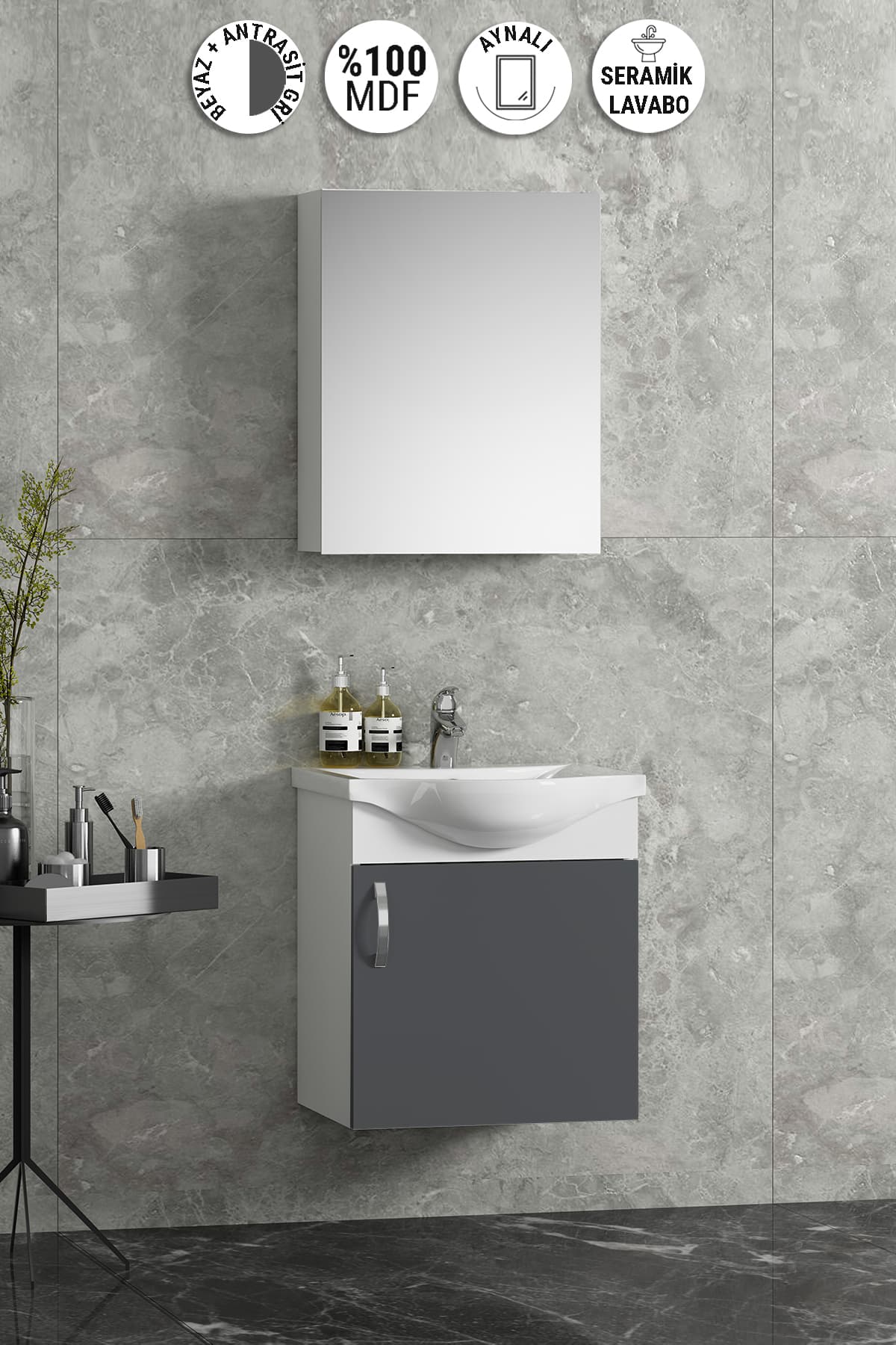 Yıldız 45 cm Beyaz-Antrasit Gri Mat MDF Seramik Lavabolu Asma Banyo Alt Dolabı