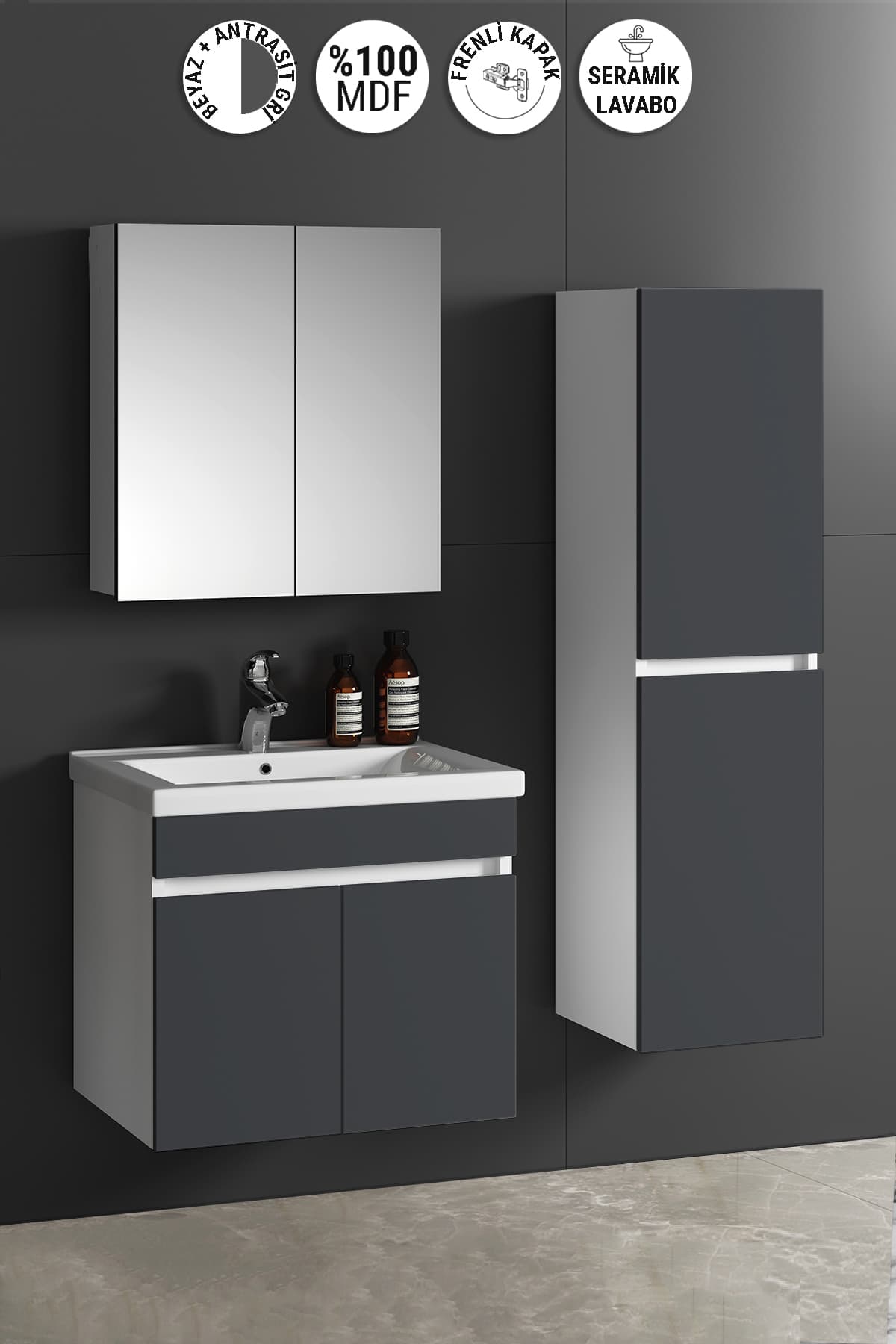 Çiğdem 55+35 cm Beyaz-Antrasit Gri Mat MDF Seramik Lavabolu Asma Banyo Dolabı Takımı