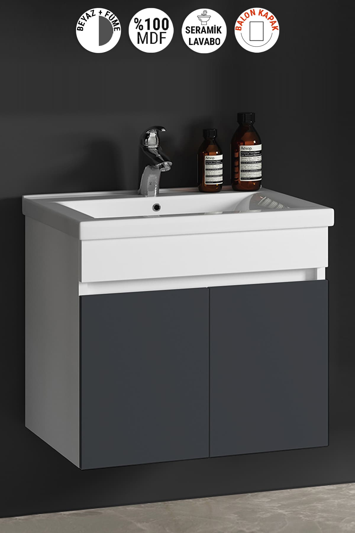 Çiğdem 80 cm Beyaz-Füme Balon MDF Seramik Lavabolu Asma Banyo Alt Dolabı
