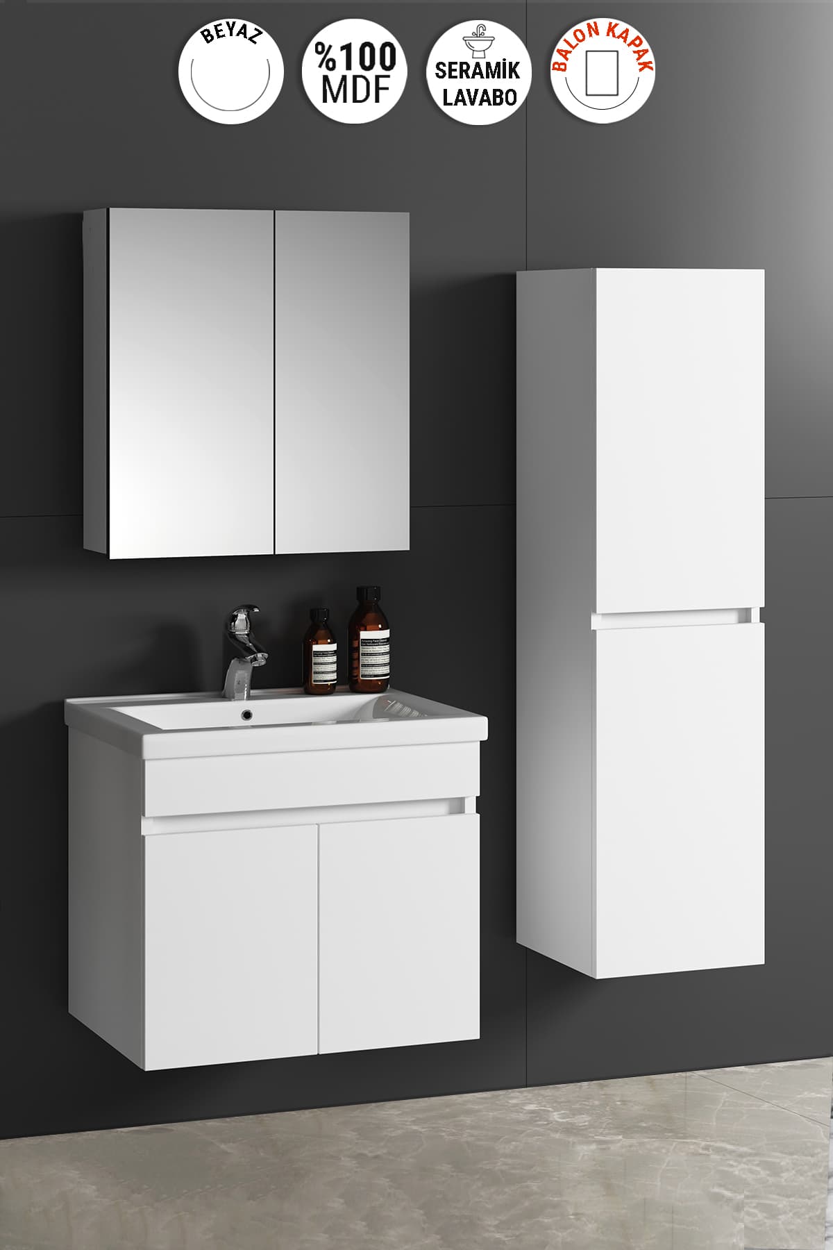 Çiğdem 65+35 cm Beyaz Balon MDF Seramik Lavabolu Asma Banyo Dolabı Takımı