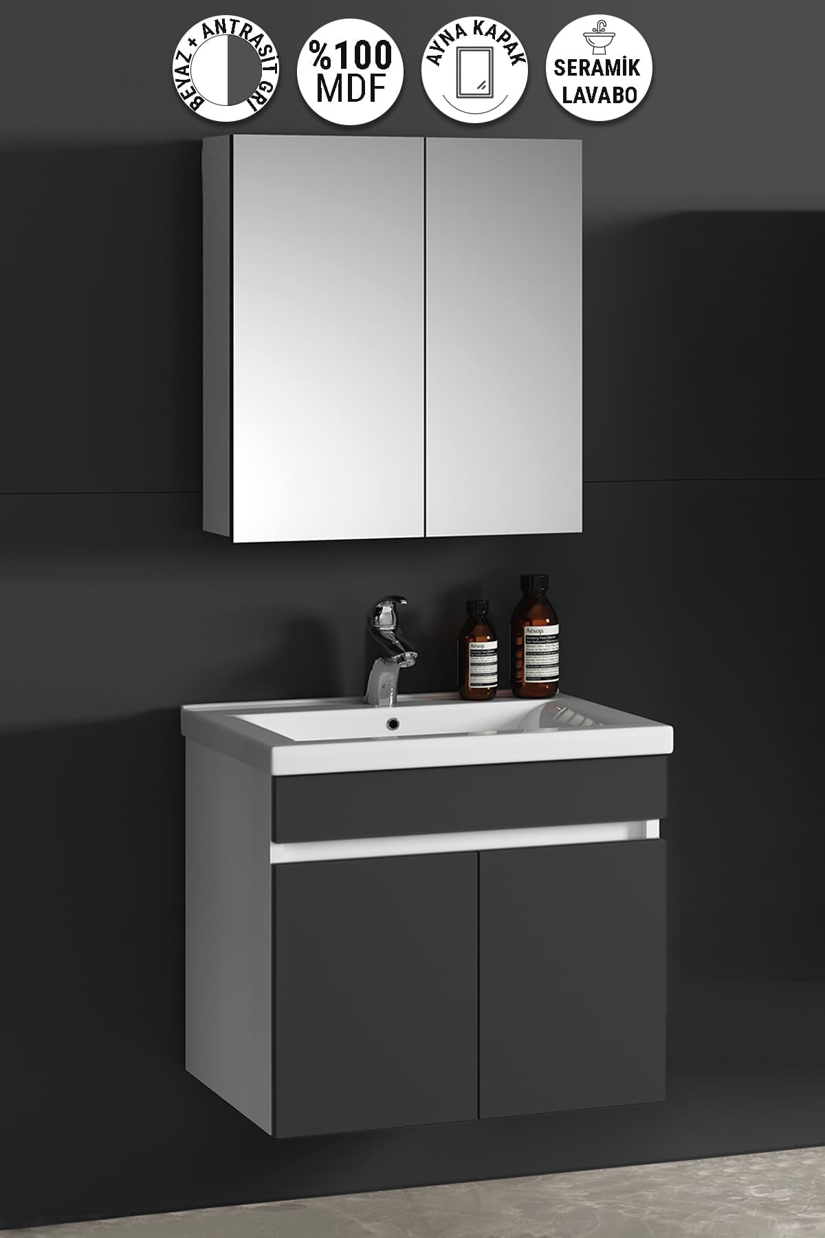 Çiğdem 65 cm Beyaz-Antrasit Gri Mat MDF Seramik Lavabolu Asma Banyo Dolabı Takımı
