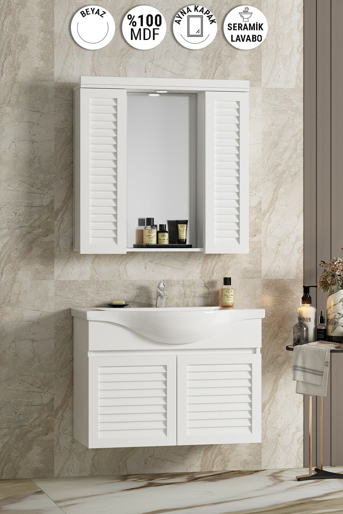 Lilyum 80 cm Beyaz MDF Panjur Balon Kapak Seramik Lavabolu Asma Banyo Dolabı Takımı