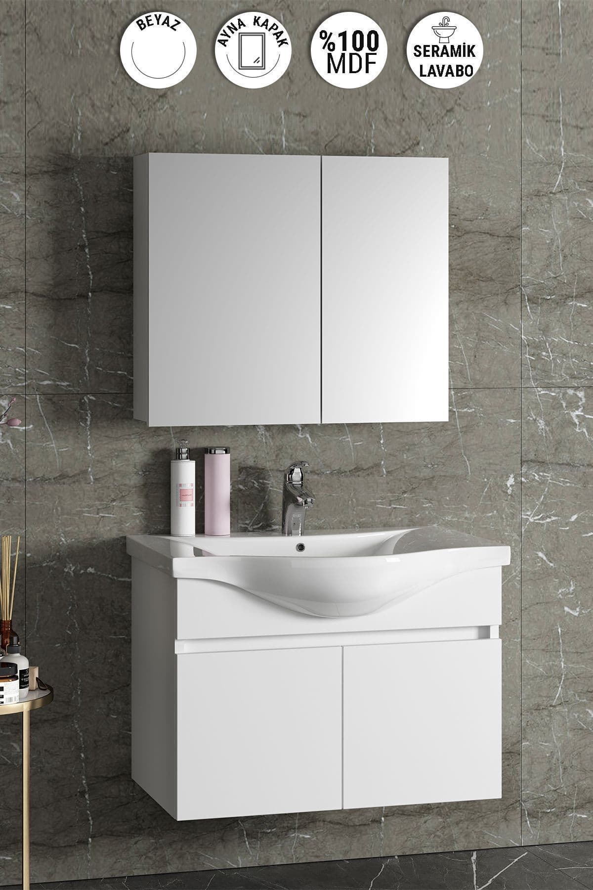 Yıldız 80 cm Beyaz MDF Seramik Lavabolu Asma Banyo Dolabı Takımı