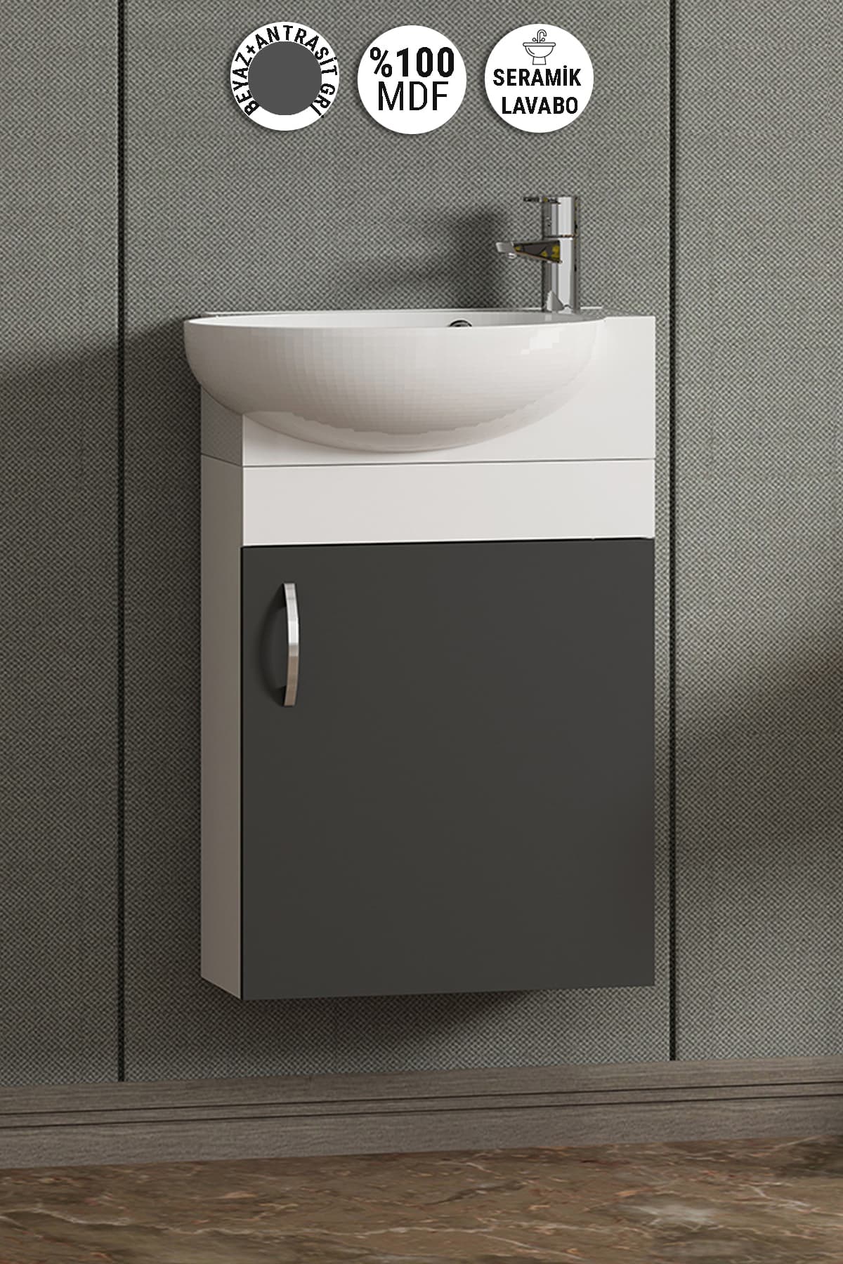 Lale 45 cm Beyaz-Antrasit Gri Mat MDF Seramik Lavabolu Asma Alt Banyo Dolabı