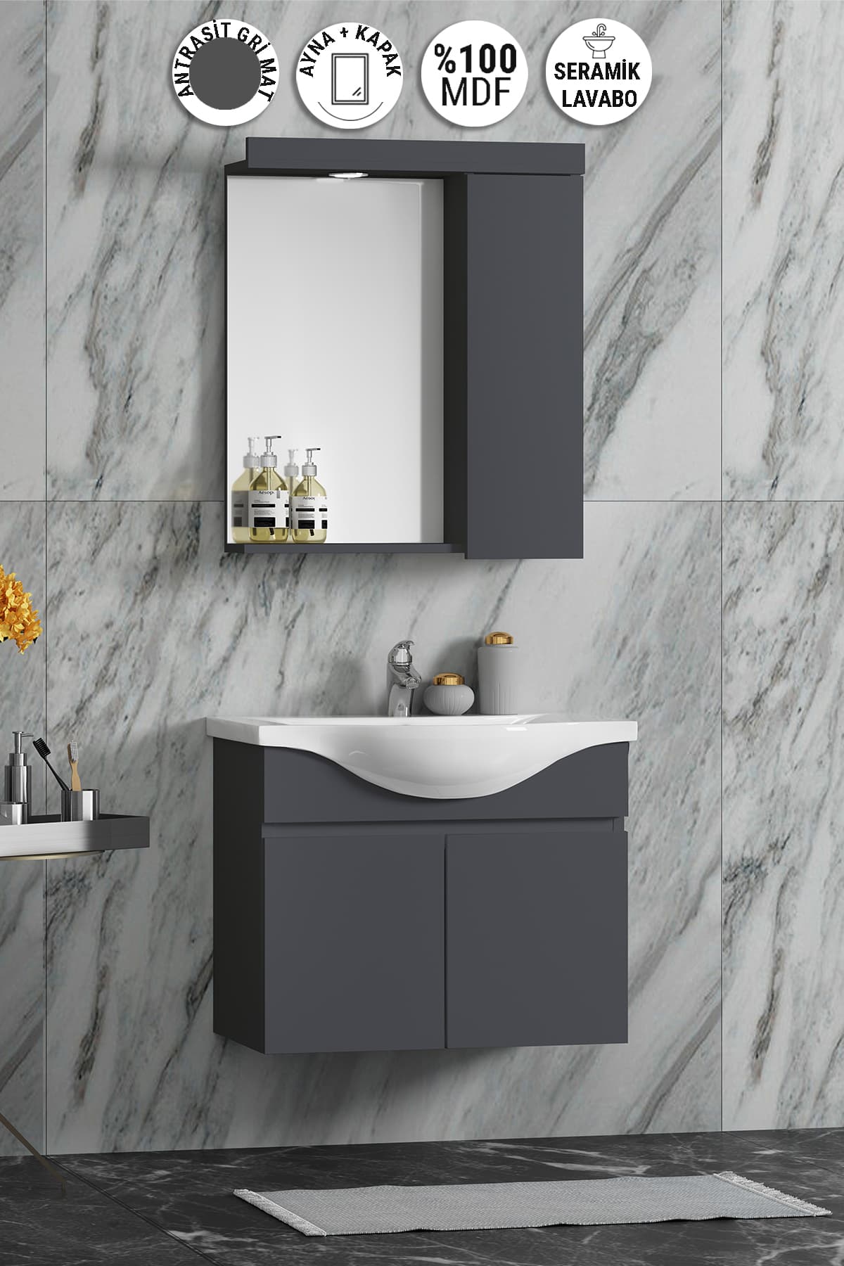 Yıldız 65 cm Antrasit Gri Mat MDF Seramik Lavabolu Asma Banyo Dolabı Takımı
