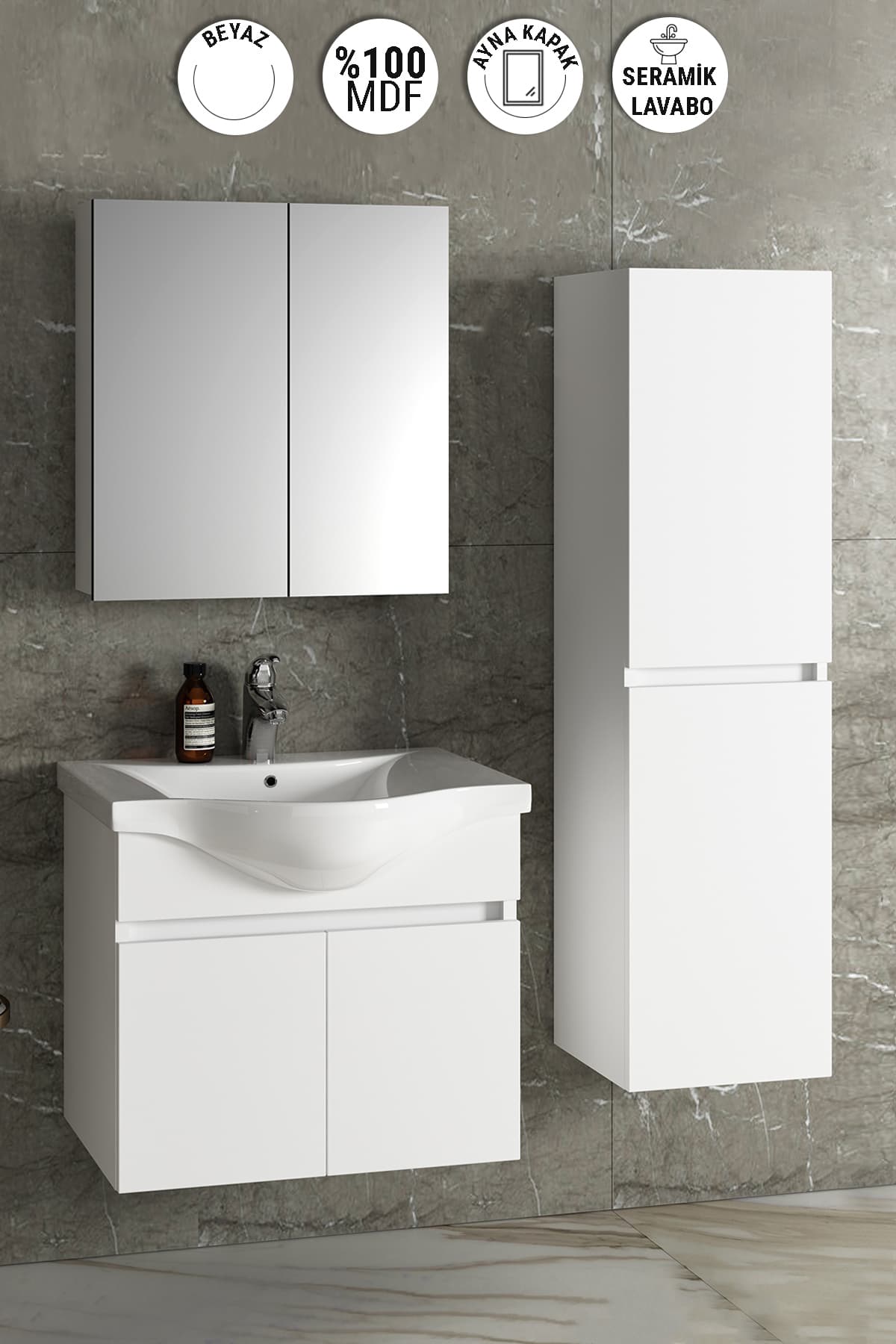 Yıldız 55+35 cm Beyaz MDF Seramik Lavabolu Sepetli Asma Banyo Dolabı Takımı