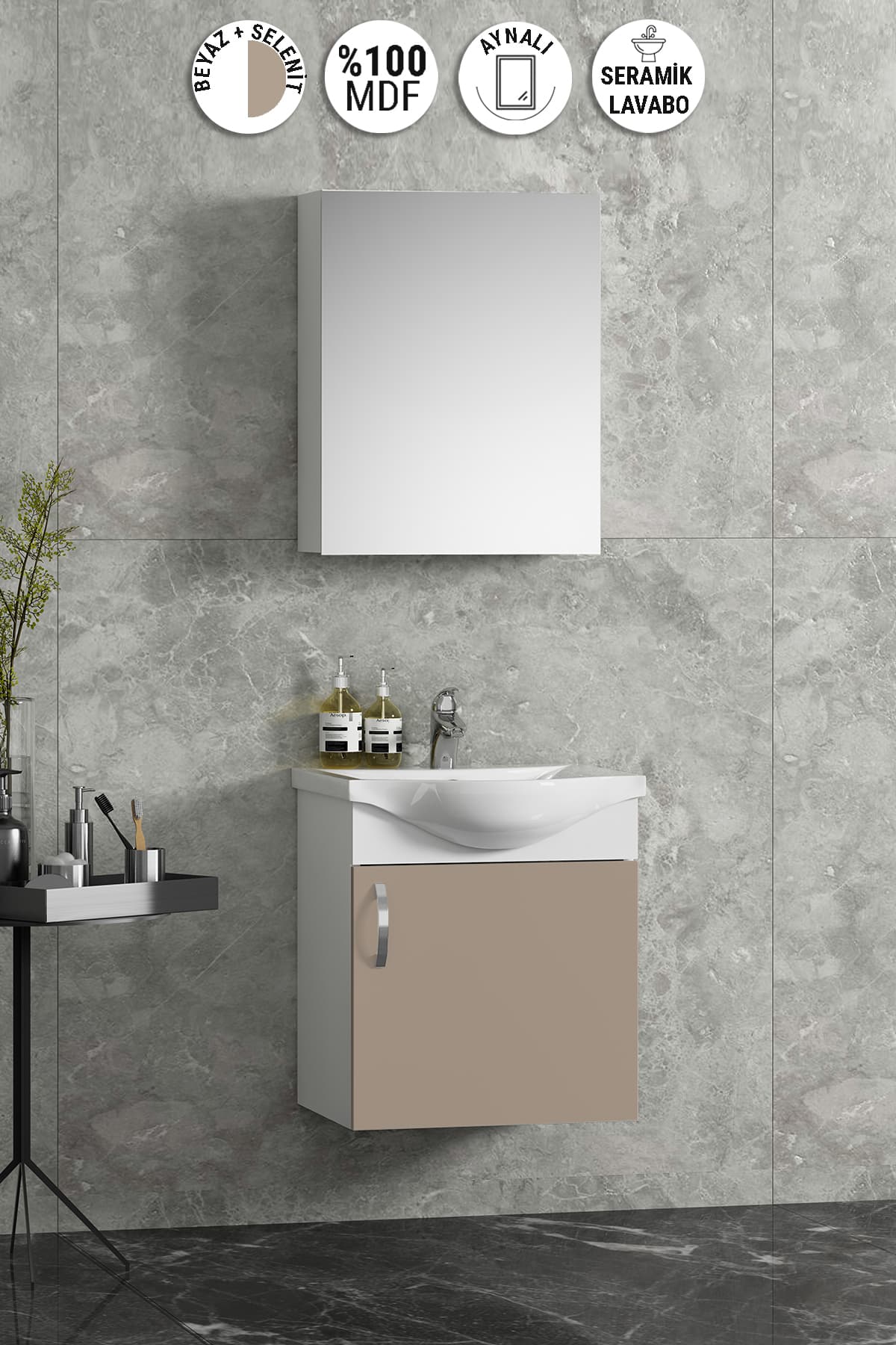 Yıldız 45 cm Beyaz-Selenit MDF Seramik Lavabolu Asma Banyo Dolabı Takım