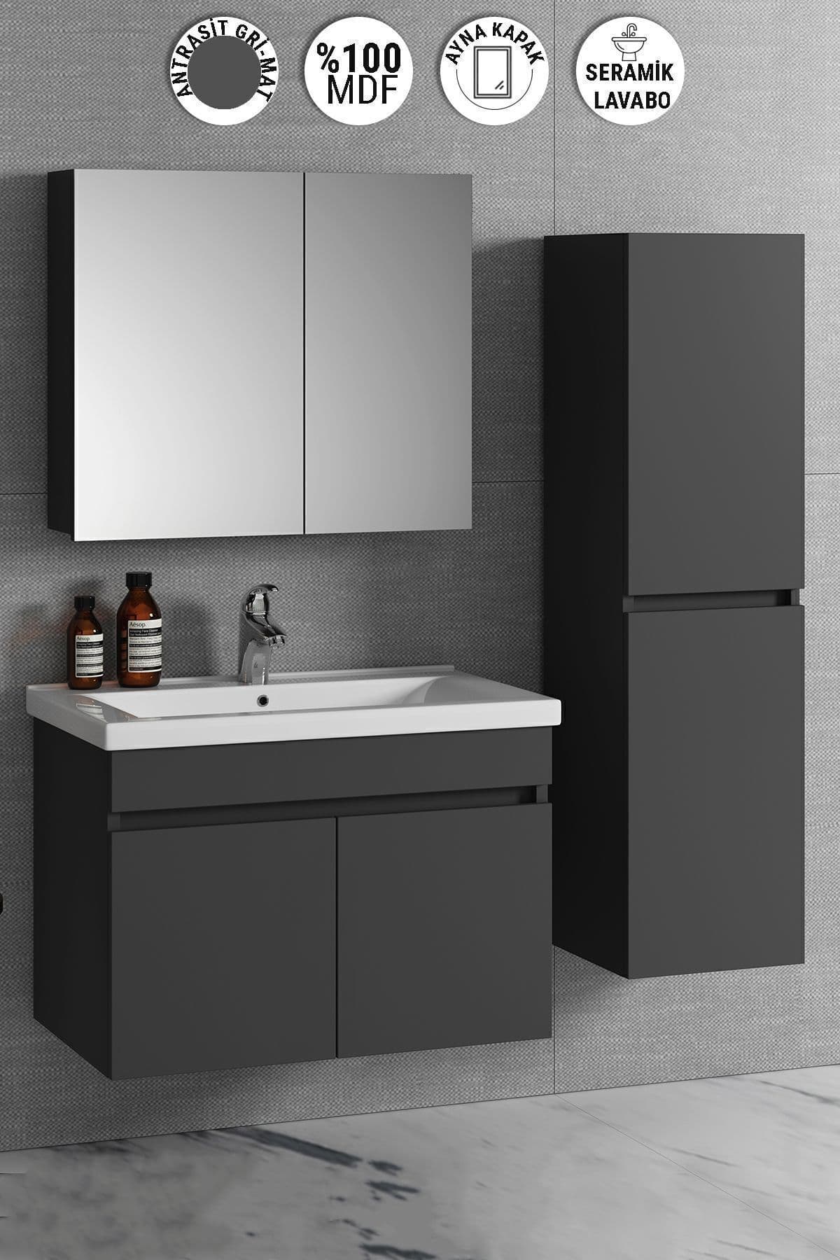Çiğdem 80+35 cm Antrasit Gri Mat MDF Seramik Lavabolu Sepetli Asma Banyo Dolabı Takımı