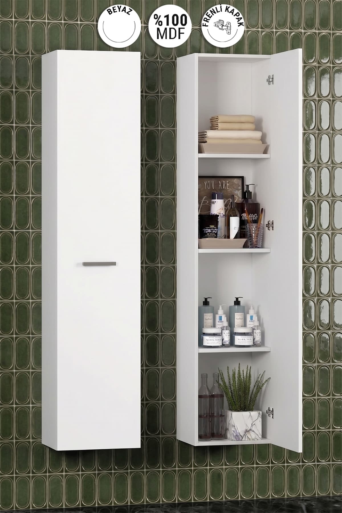 Yeni Boy 35*167 cm Beyaz MDF Tek Kapaklı Asma Banyo Boy Dolabı