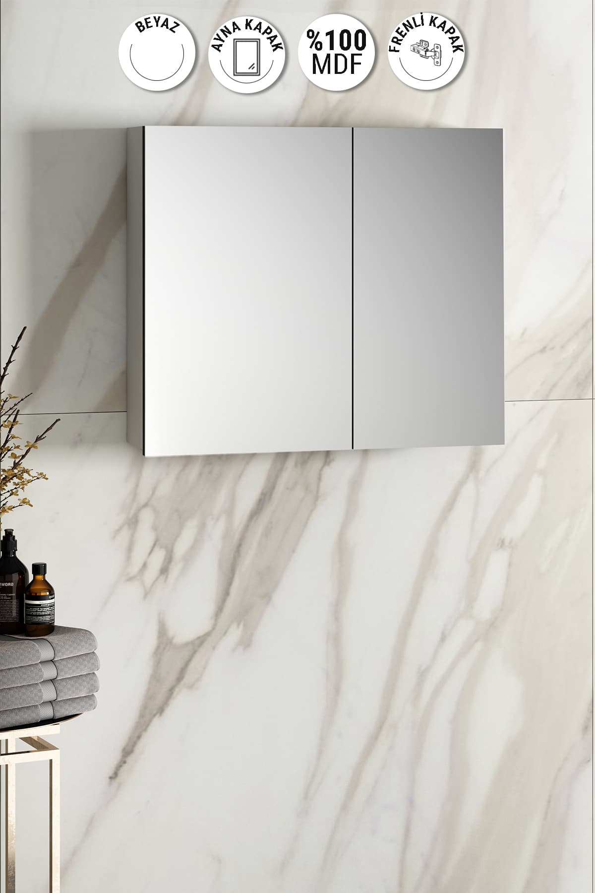 Çiğdem 80 cm Beyaz MDF Aynalı Asma Banyo Üst Dolabı