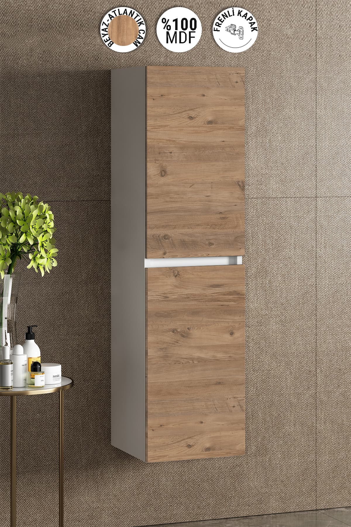 Yıldız 35x130 cm Beyaz-Atlantik Çam MDF Asma Banyo Boy Dolabı